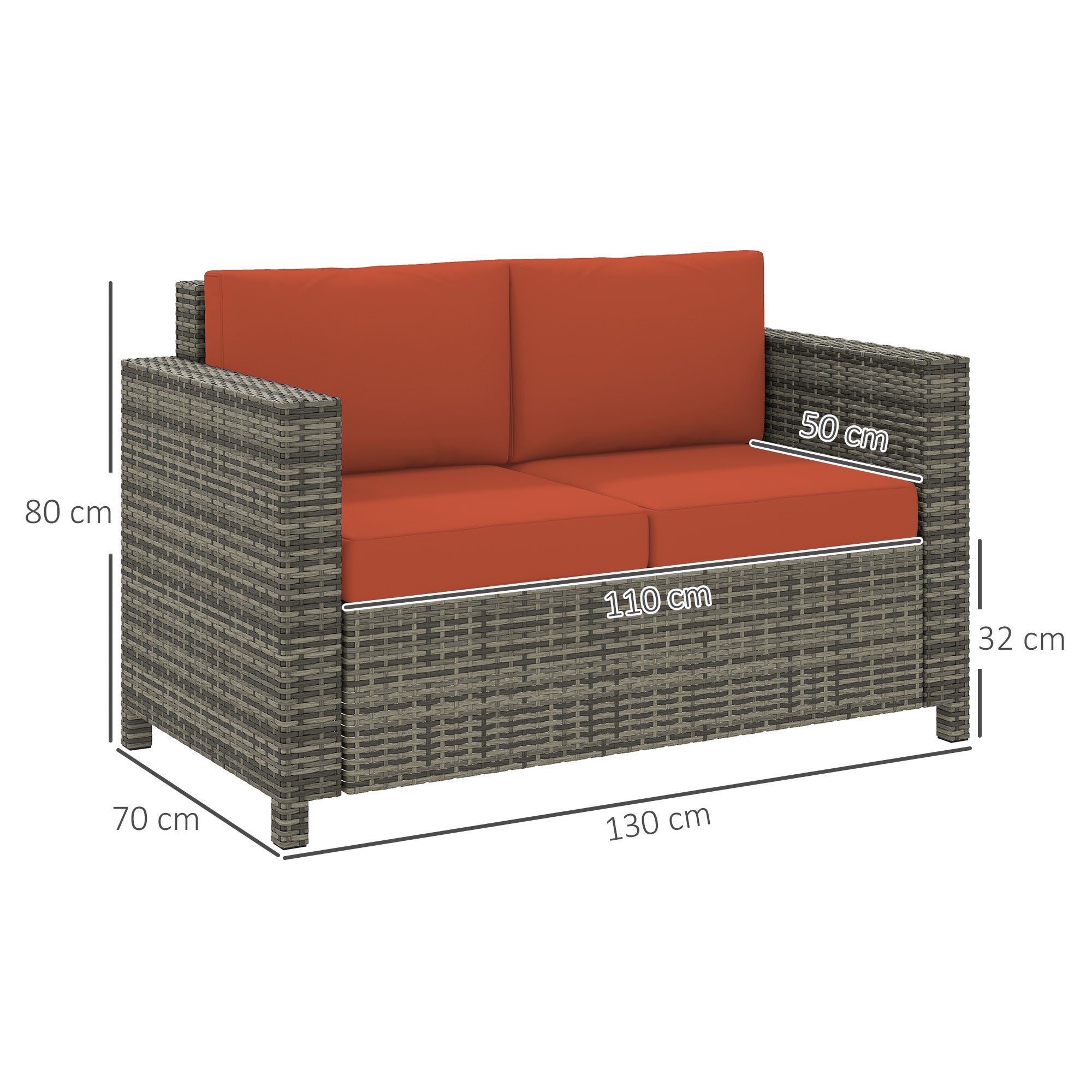 2 Seater Rattan Garden Sofa with Padded Cushions and Armrests - Grey