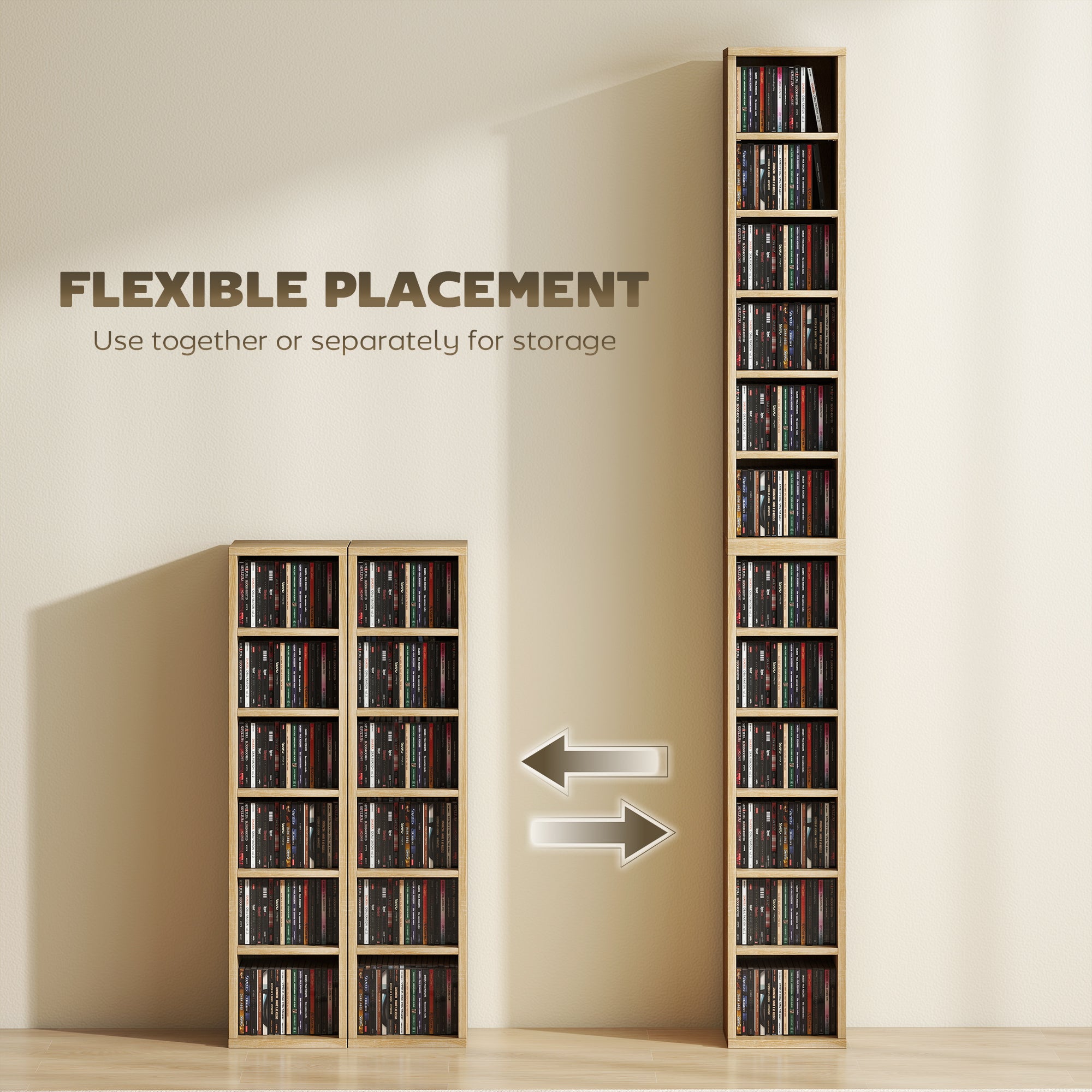Set of 2 CD Media Display Shelf Unit Tower Rack with Adjustable Shelves, Oak