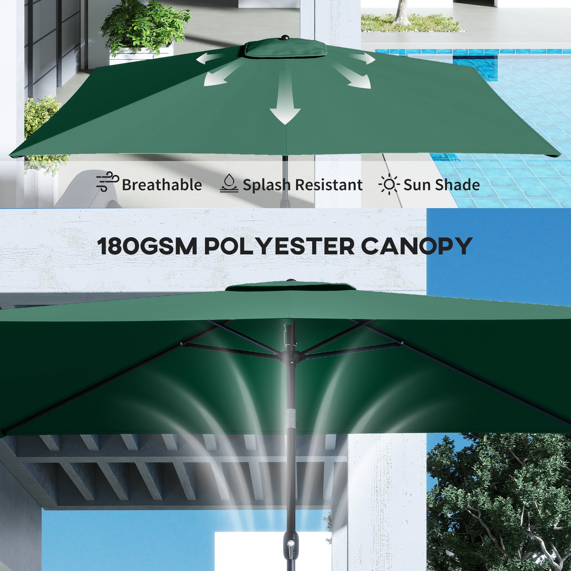 Garden Parasol, Parasol Umbrella with Crank Handle, Tilt Function, Polyester Canopy, Green