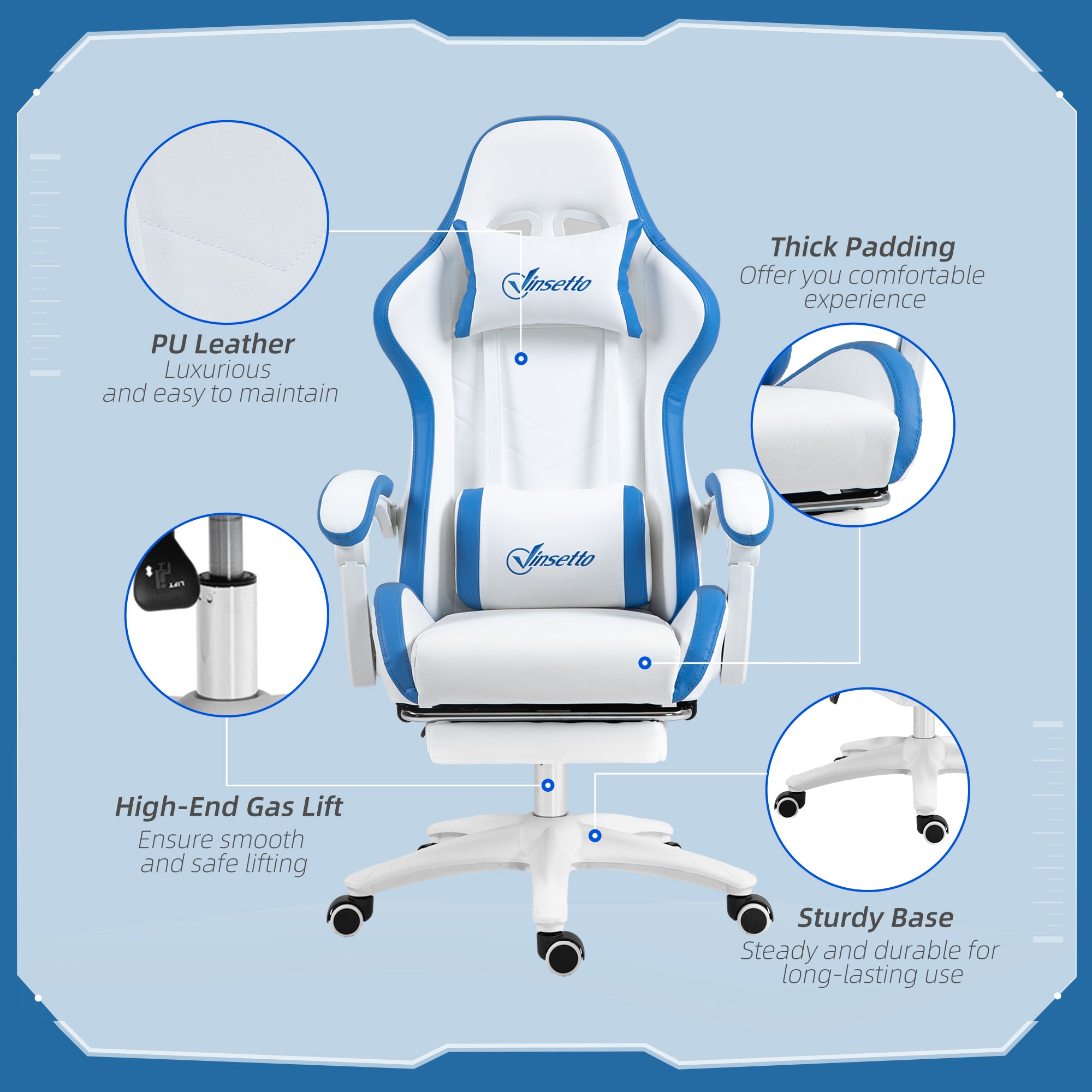 Computer Gaming Chair, PU Leather Desk Chair with Footrest, Swivel Task Chair with 135° Reclining Back and Lumbar Support, PC Chair for Adults, White and Blue