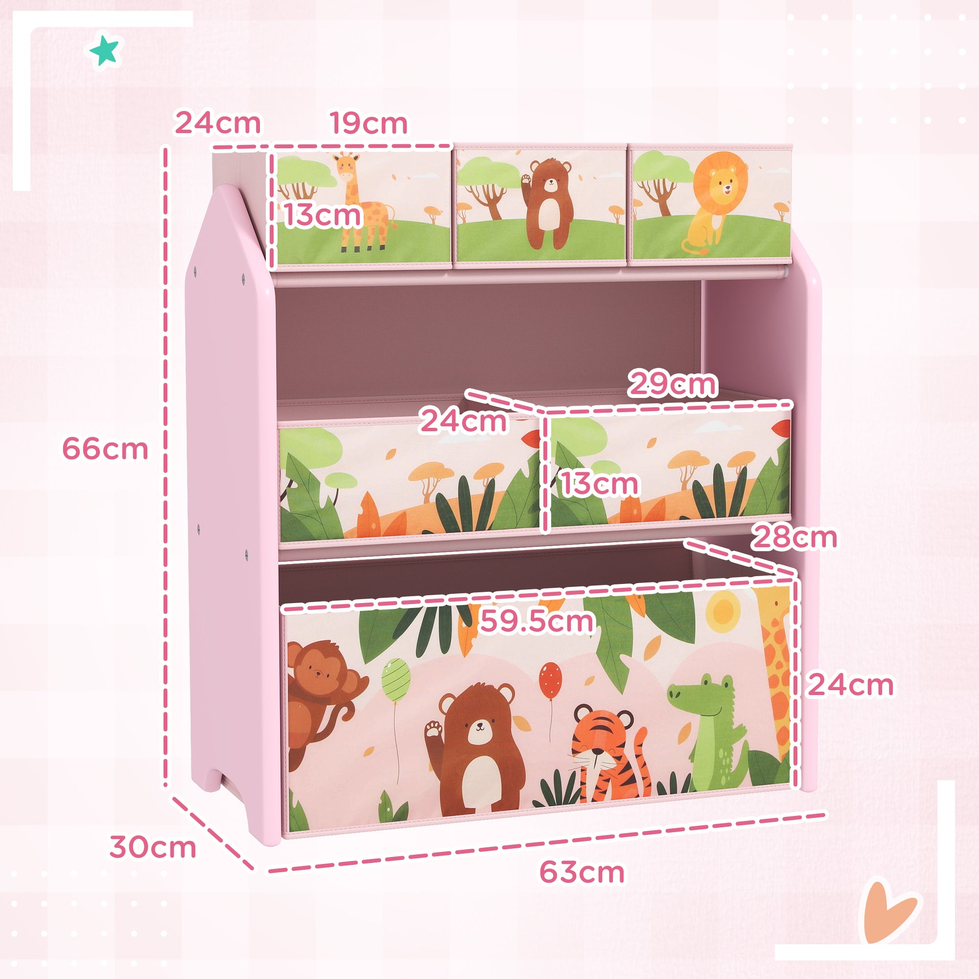 3 Tier Kids Toy Storage Unit with 6 Removable Boxes - Pink