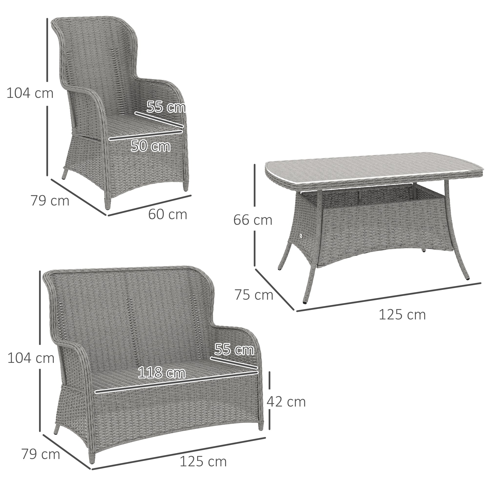 4 Piece PE Rattan Garden Dining Sofa Set with Cushions - Light Grey