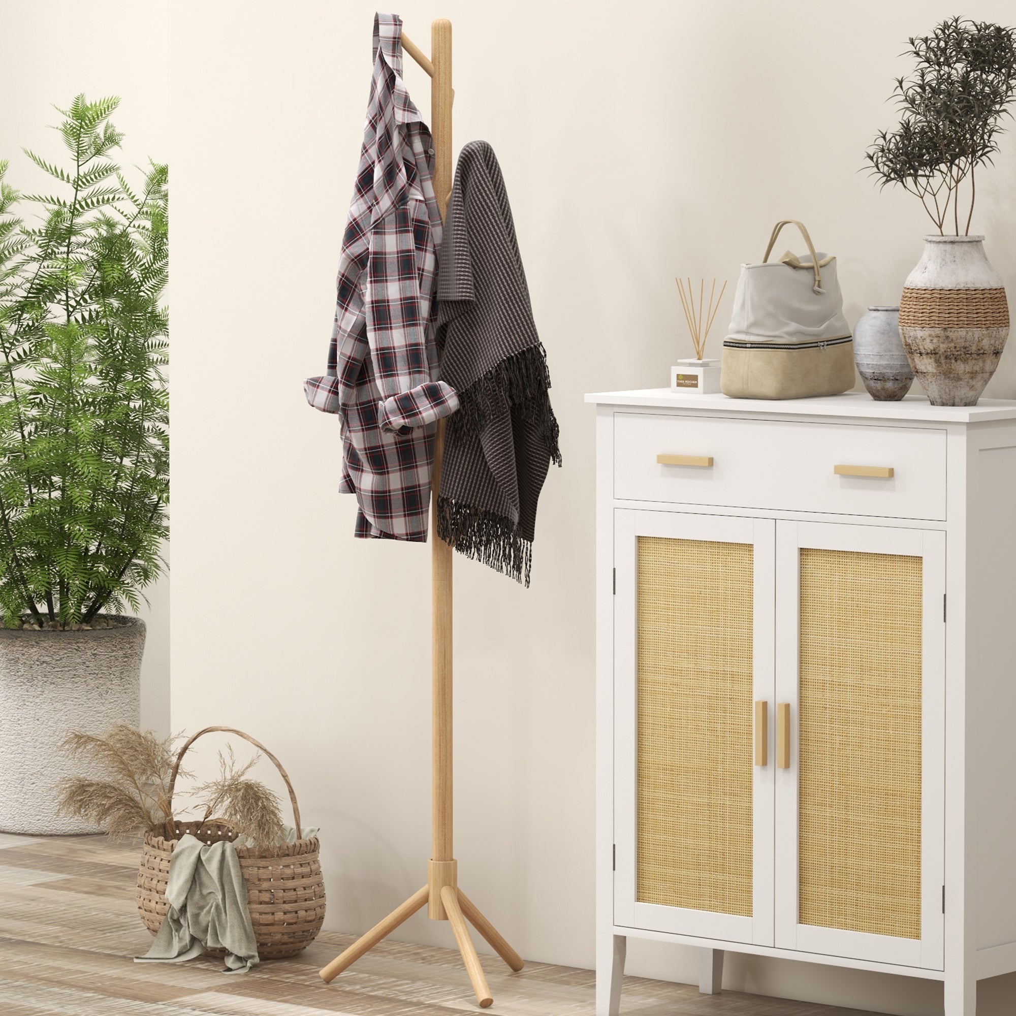 Eight-Hook Wooden Coat Rack - Natural