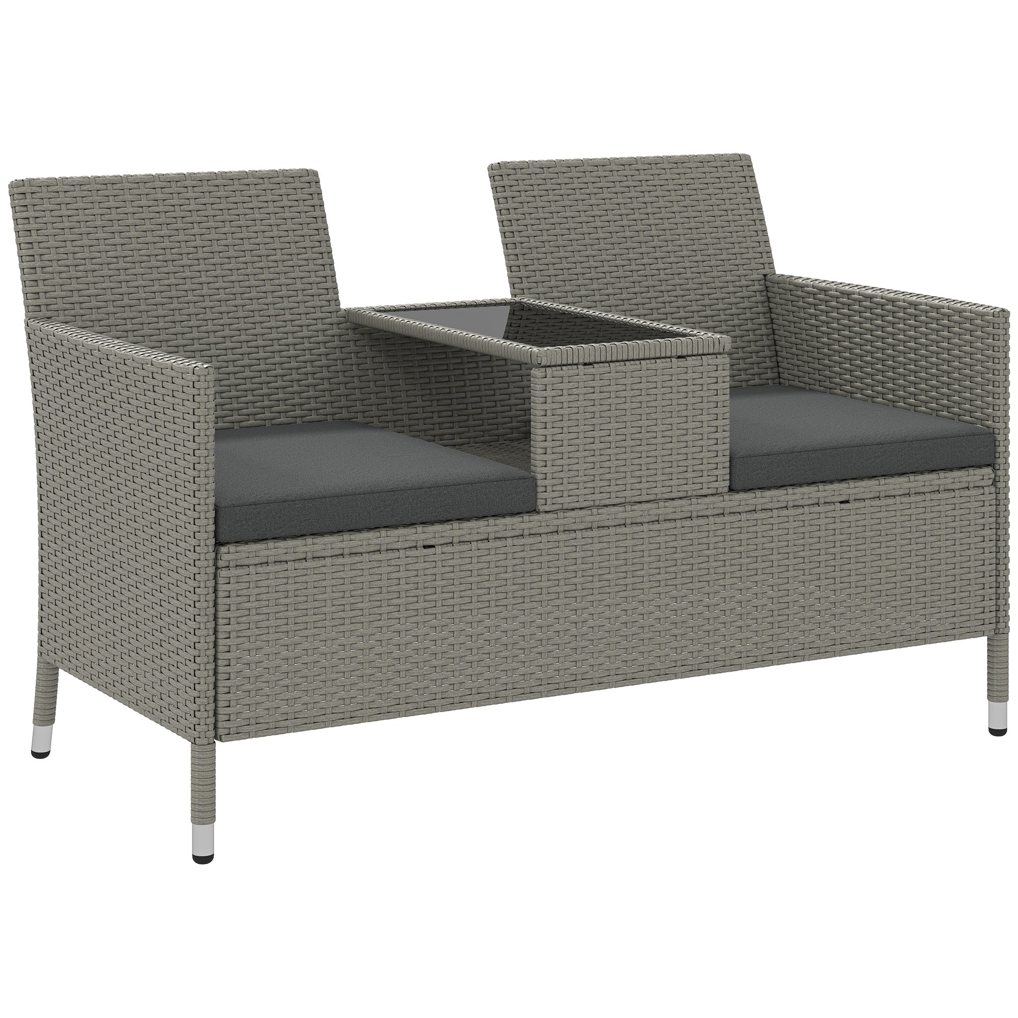 2-Seater PE Rattan Outdoor Garden Bench w/ Centre Table Grey