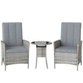 Rattan Bistro Set, Reclining Garden Chairs and Glass Coffee Table with Cushions for Patio Balcony Porch, Light Grey