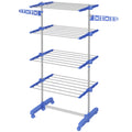 Four-Shelf Collapsible Clothes Horse with Side Arms and Wheels - Blue