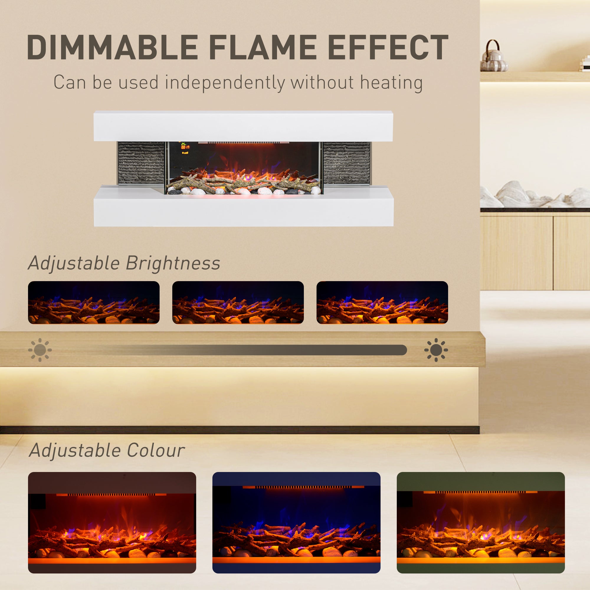 47inch / 120cm Electric Fireplace Wall Mounted, Freestanding, Glass Electric Fire Suite with Mantel, Adjustable LED Flame Effect, Log, Pebble, Remote Control, 2000W, White