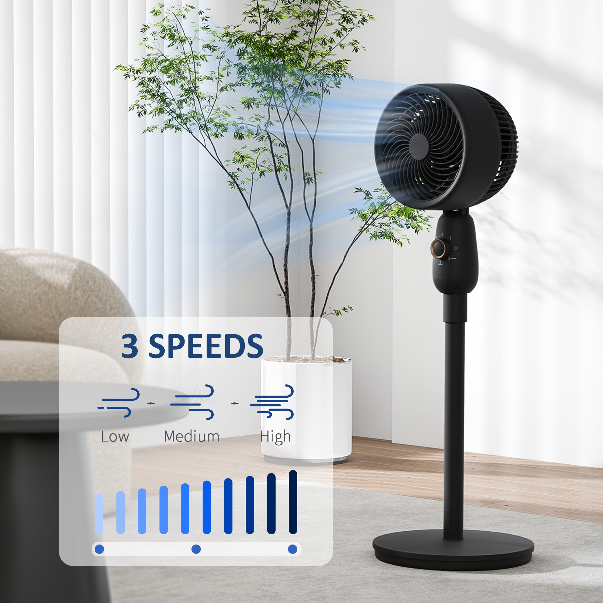 Pedestal Fan, Powerful Air Circulator, 12 Inch Floor Standing Fan with 3 Speed Settings, Oscillating Function for Bedroom, Home and Office, Black