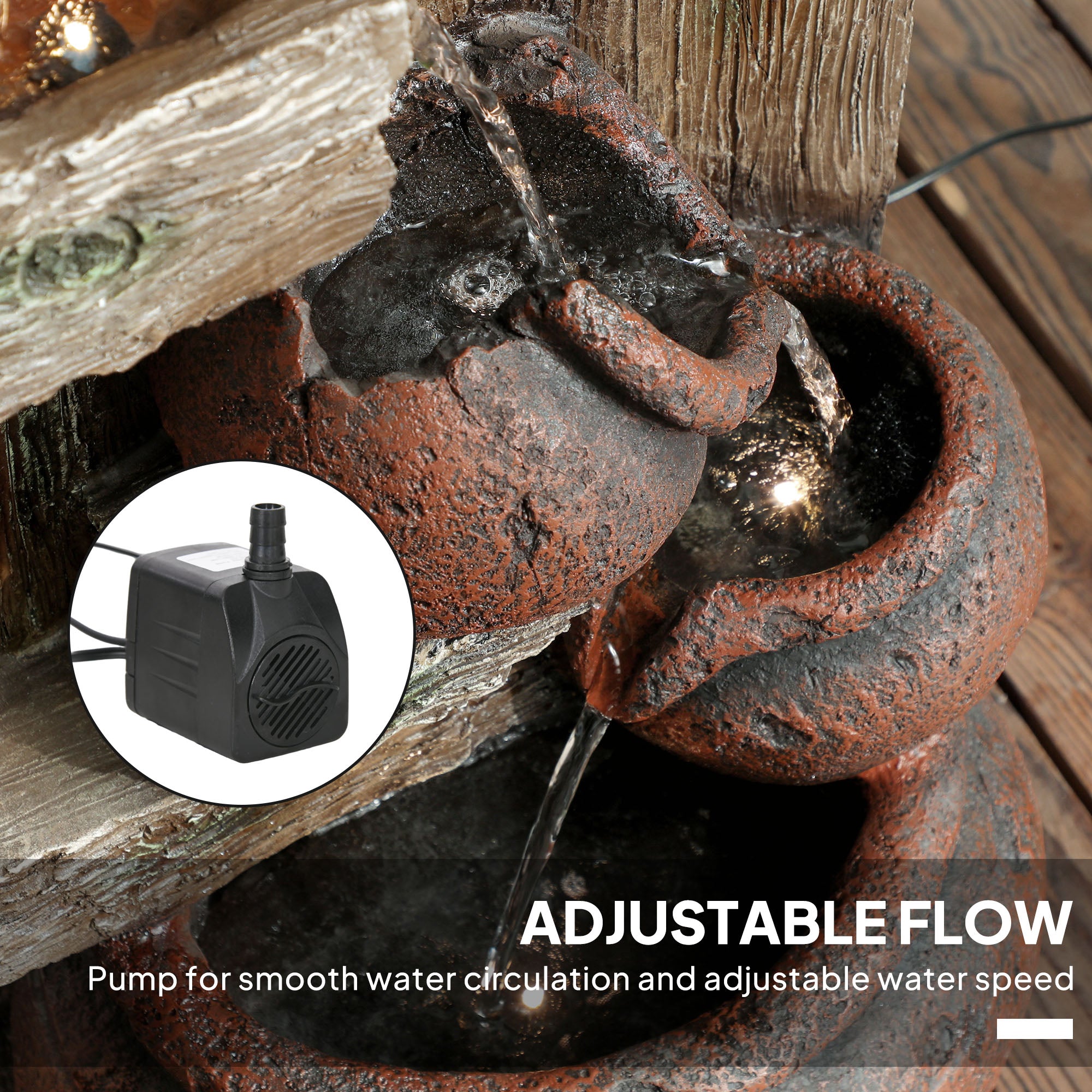 2-in-1 Resin Waterfall Fountain with Birdhouse and LED Lights, Tree Trunk Design - Multi-colour