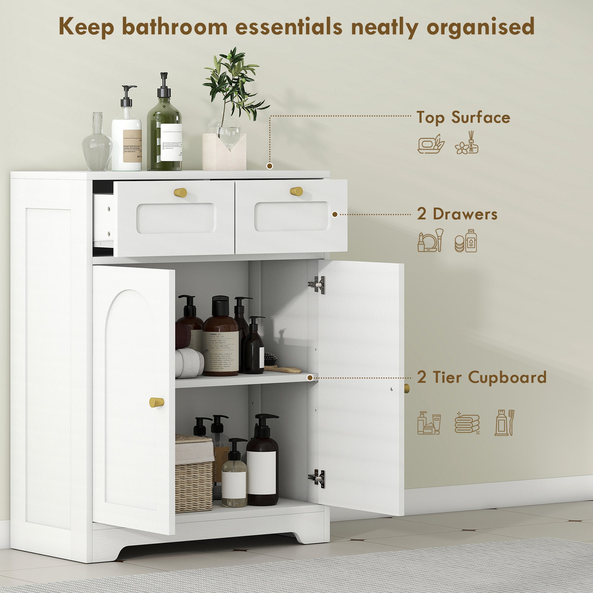 Bathroom Floor Cabinet with 2 Drawers - White