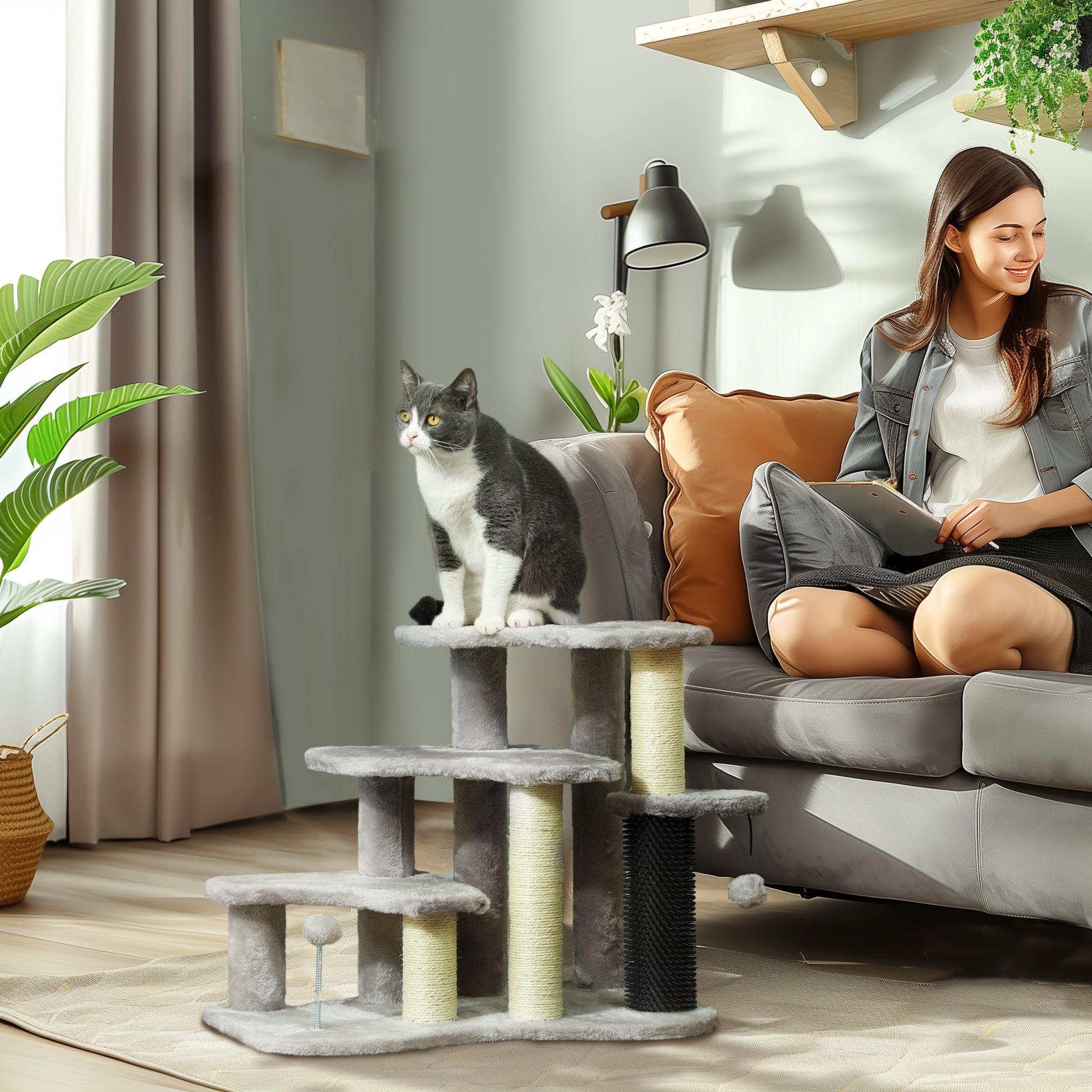 2-in-1 Cat Tree, Pet Stairs w/ Scratching Post, Toy Balls, for Bed, Sofa, Couch, Light Grey