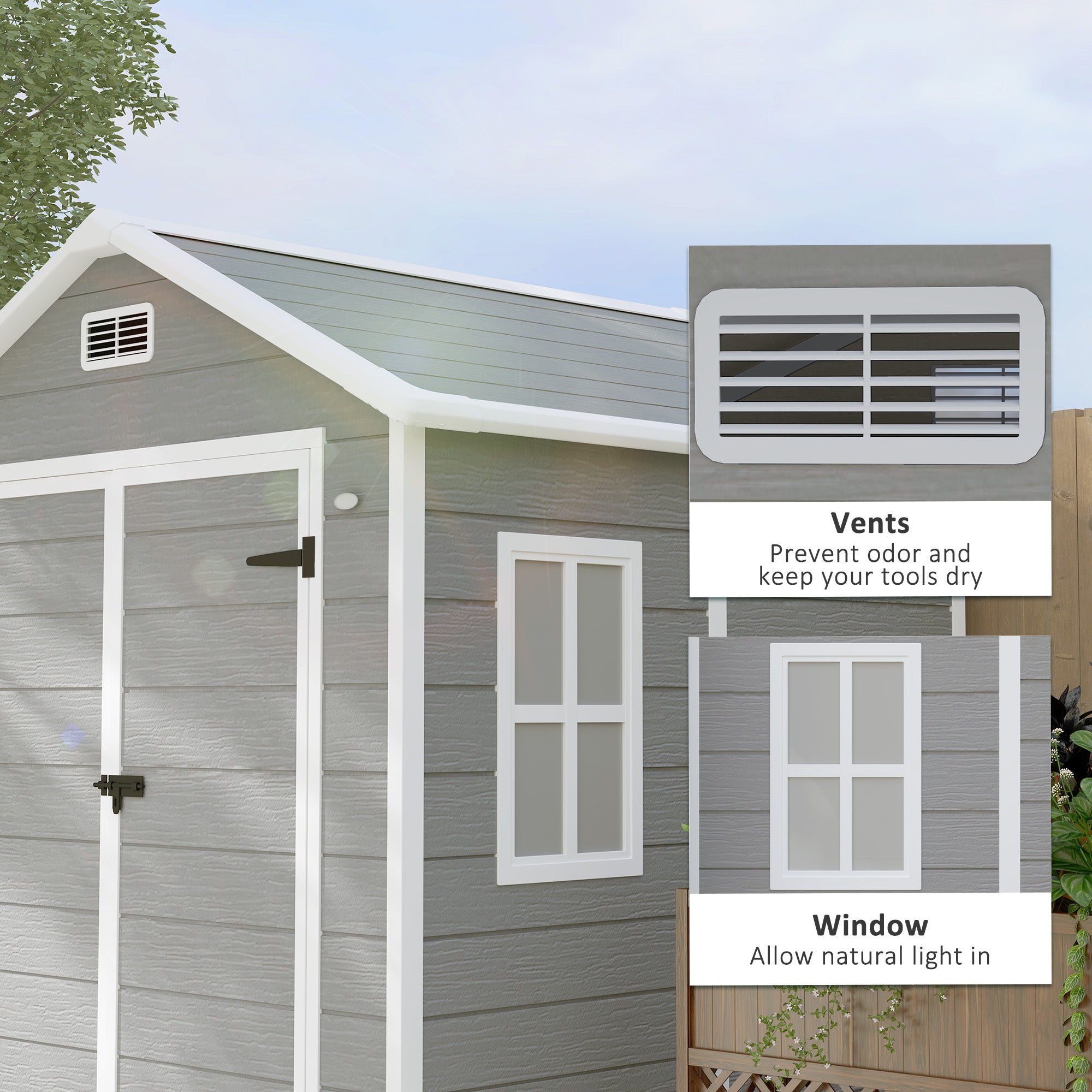 6 x 5ft Plastic Garden Shed with Floor, Window, Lockable Doors & Vents - Dark Grey