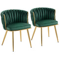 Velvet-Feel Dining Chairs Set of 2, Modern Upholstered Armchair with Knot Design and Golden Metal Legs, Accent Chair for Dining Room, Bedroom, Kitchen, Living Room, Dark Green