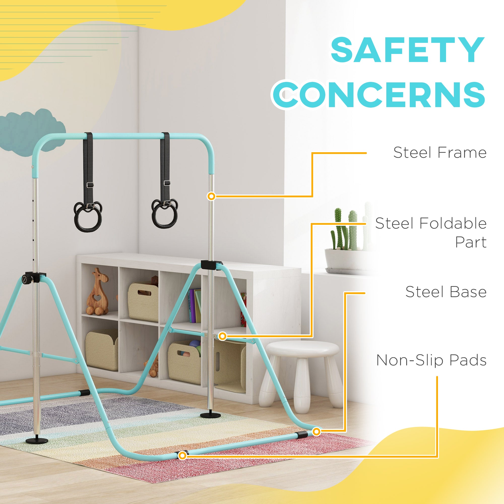 Adjustable Height, Foldable Kids Gymnastics Bar w/ Non-Slip Mats, for 3+ Years, Green