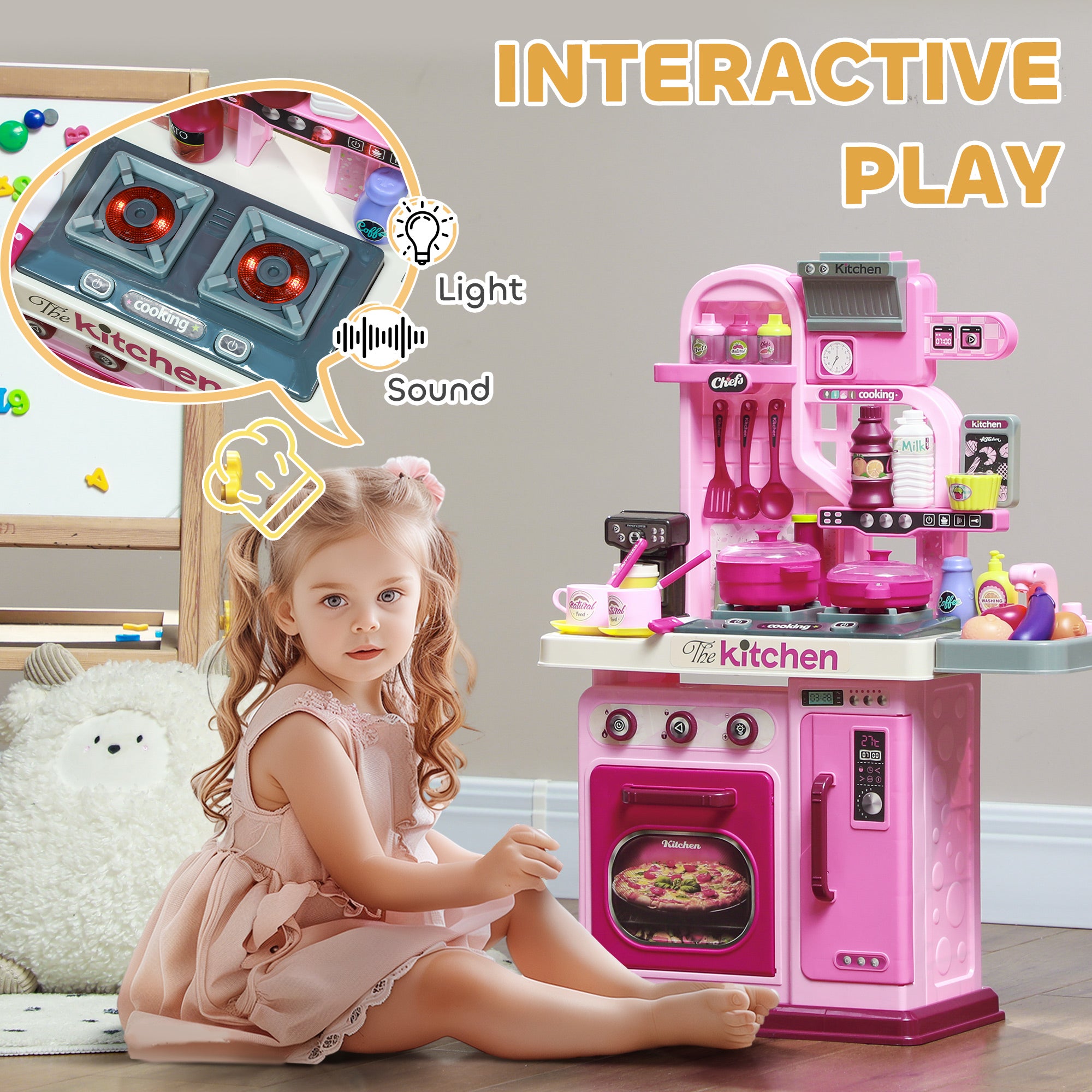 Kids Kitchen Playset with 33 Accessories, Lights, Sounds & Storage for Ages 3-6 - Pink