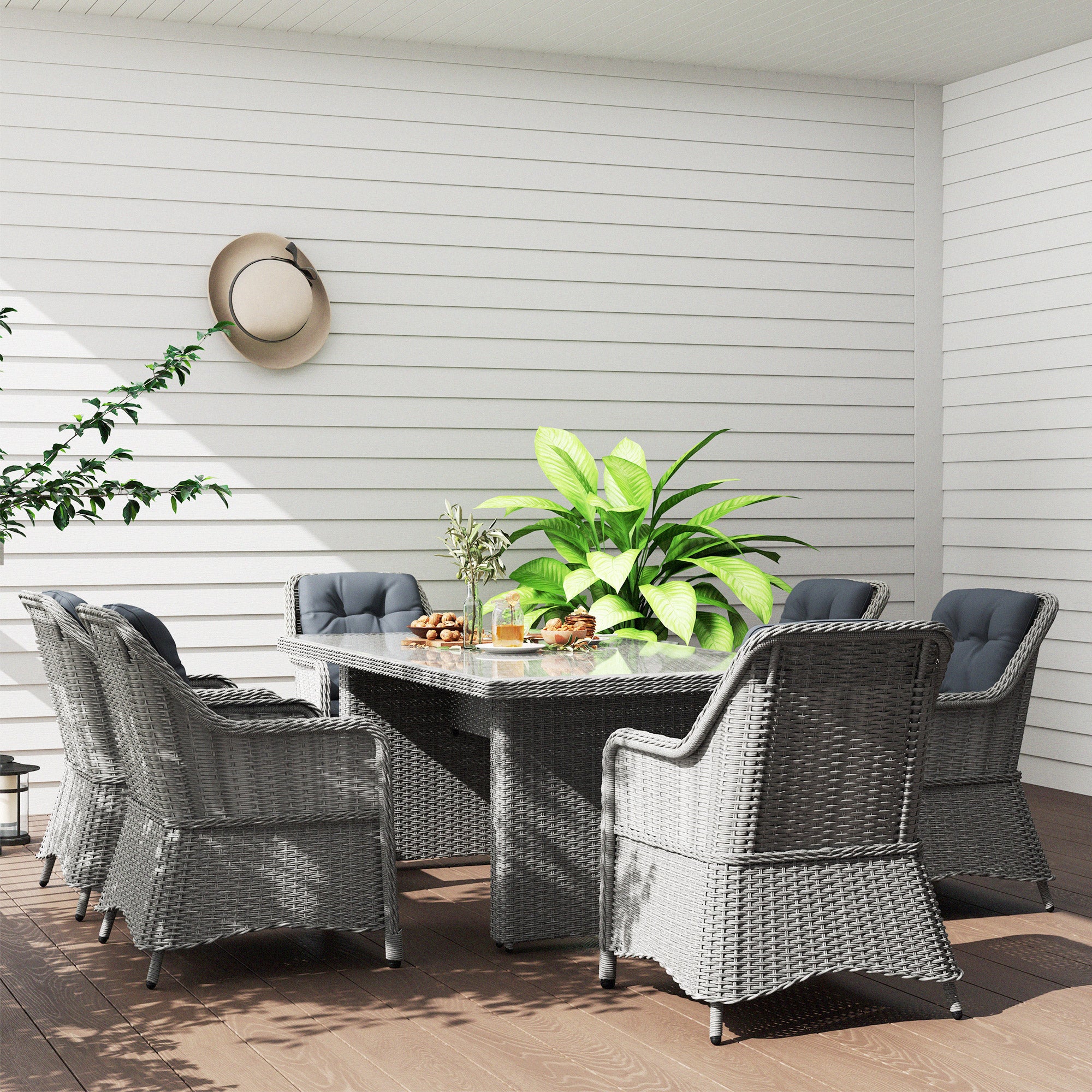 6 Seater PE Rattan Dining Set with Cushions and Glass Table - Grey