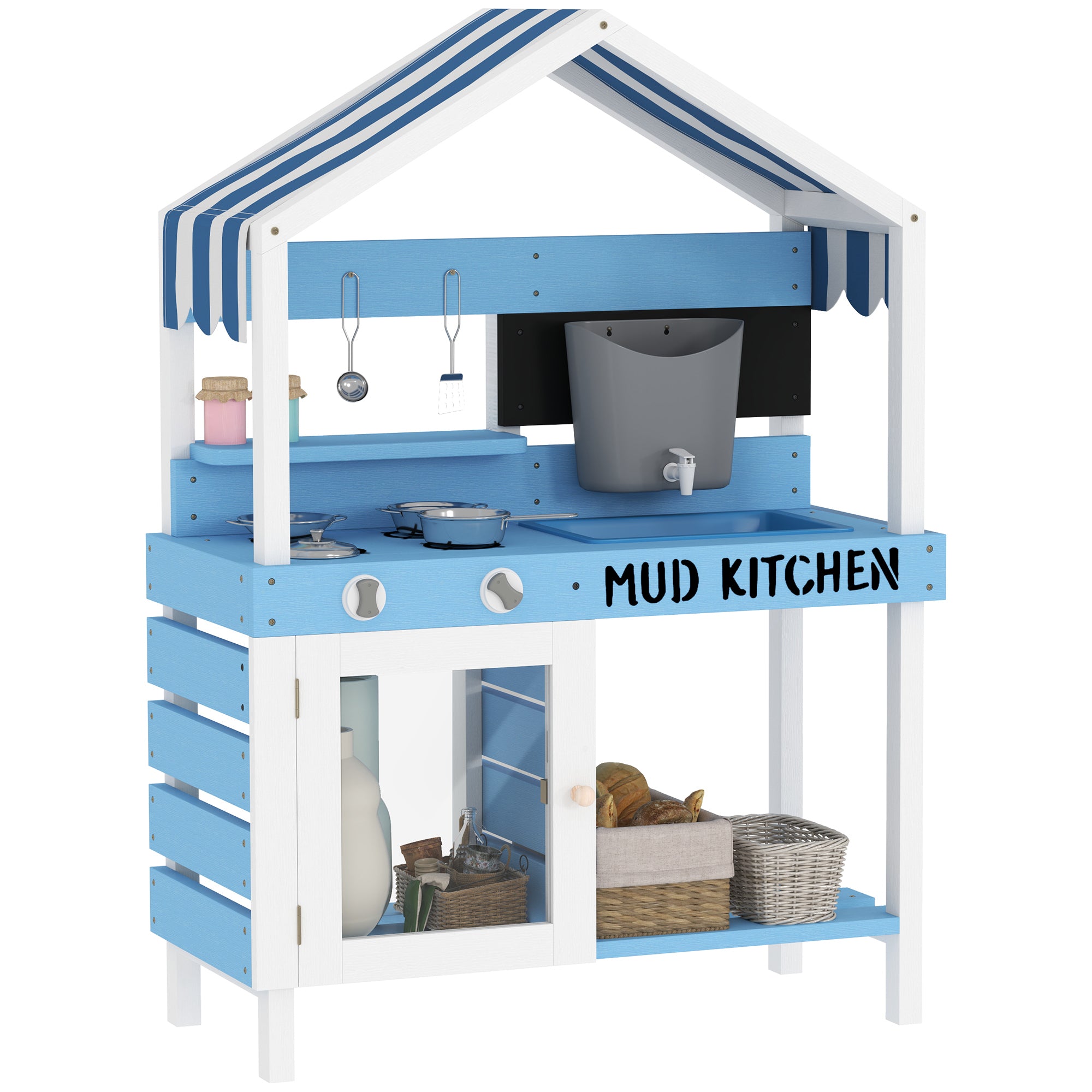 Kids Mud Kitchen Outdoor with Stoves, Sink, Faucet, Storage Shelves, Cookware Accessories for Boys Girls, Blue