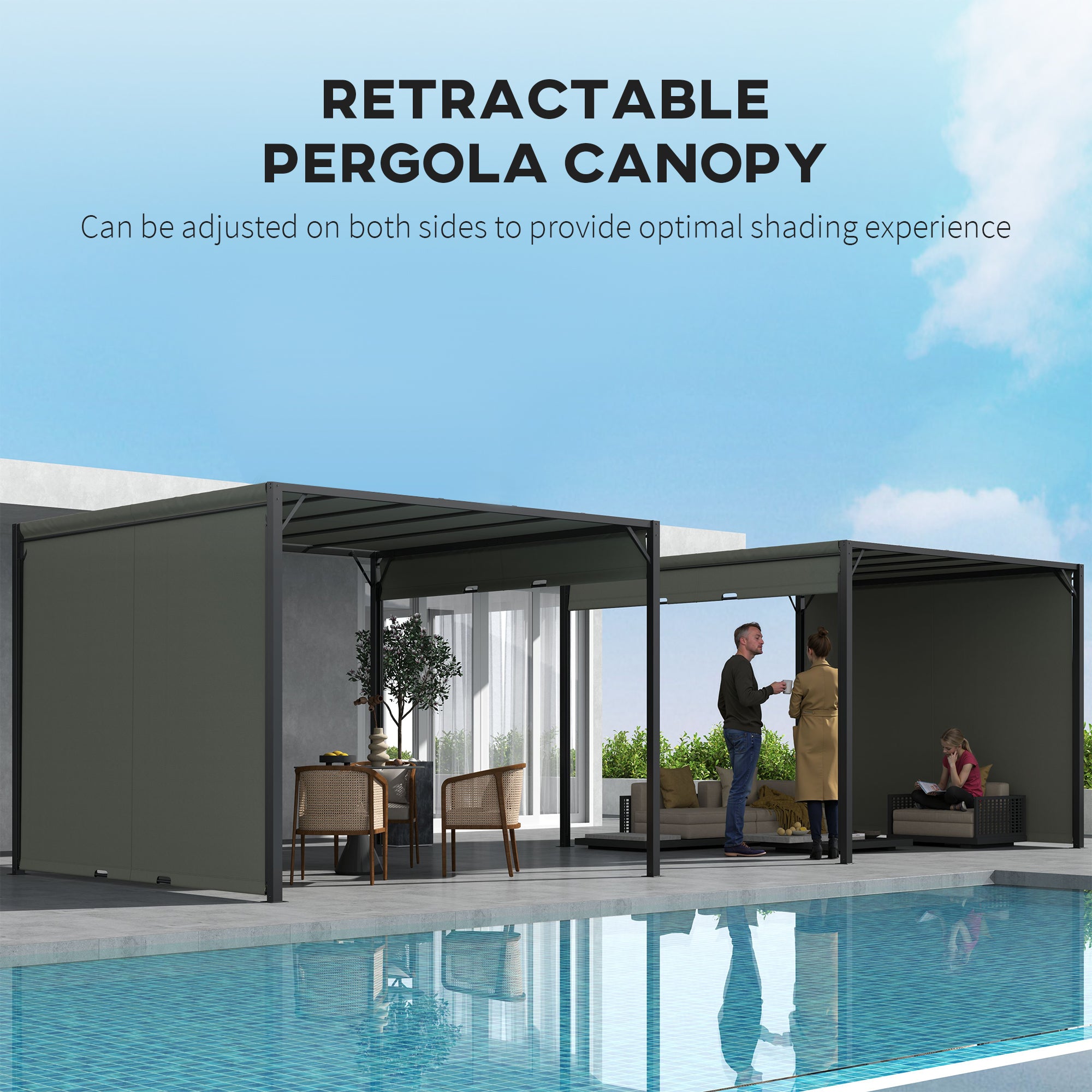 3 x 3 Meter Pergola Set with Retractable Roof Steel Frame - Charcoal Grey