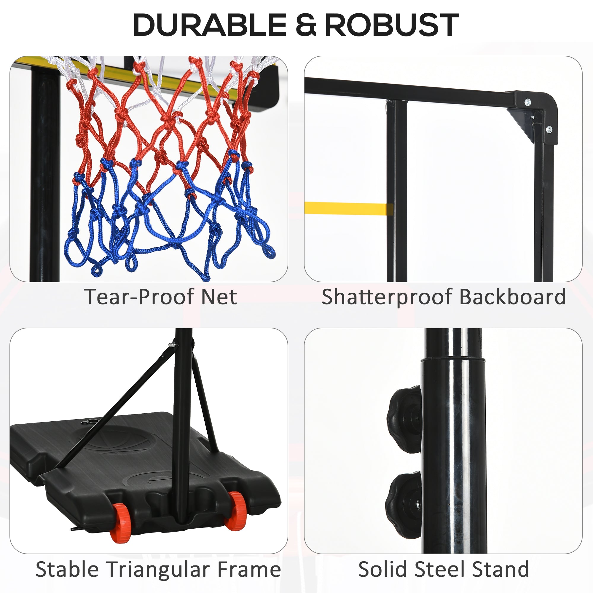 Height Adjustable Basketball Hoop and Stand with Firm Backboard and Weighted Base, Portable on Wheels, Yellow