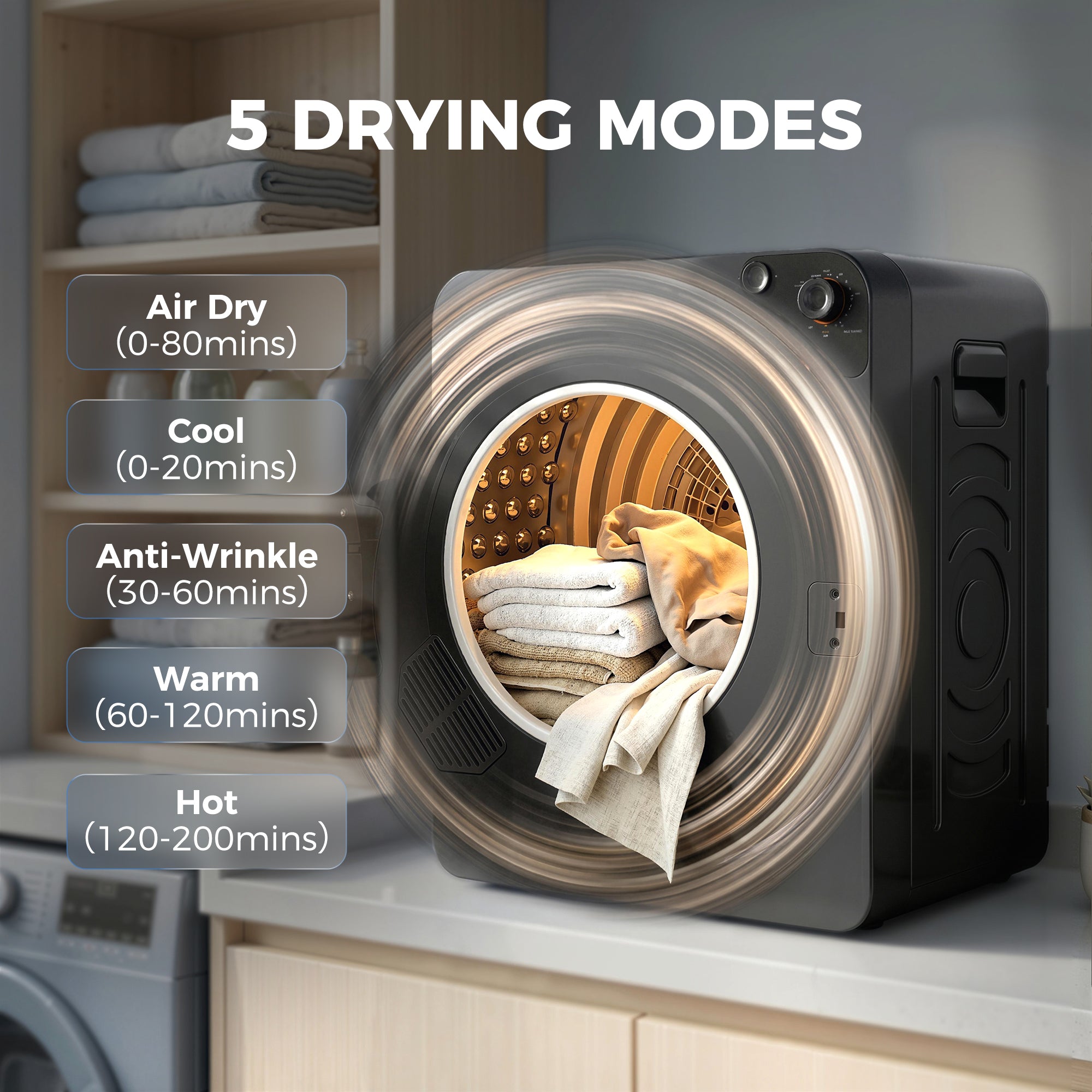5kg Vented Tumble Dryer, 1000W Compact Tumble Dryer with 5 Drying Modes, Stainless Steel Tub, Black