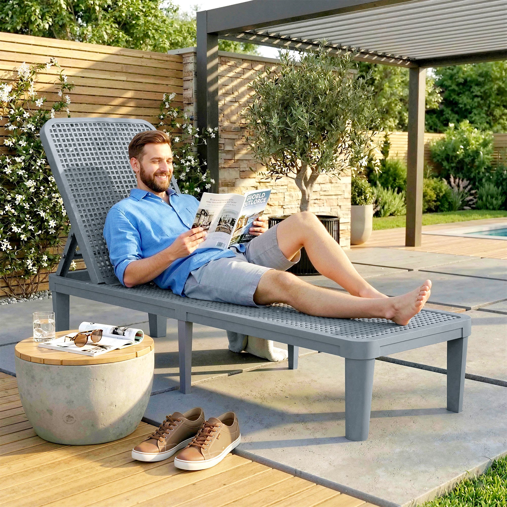 Plastic Sun Lounger, 4-Position Adjustable Reclining Garden Lounger Sunbed for Patio, Beach, Terrace, Dark Grey