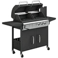 2+1 Burner Hybrid Dual Fuel BBQ Gas Grill, 2-in-1 Propane & Charcoal Barbecue Grill Smoker Combo with Wheels, Black