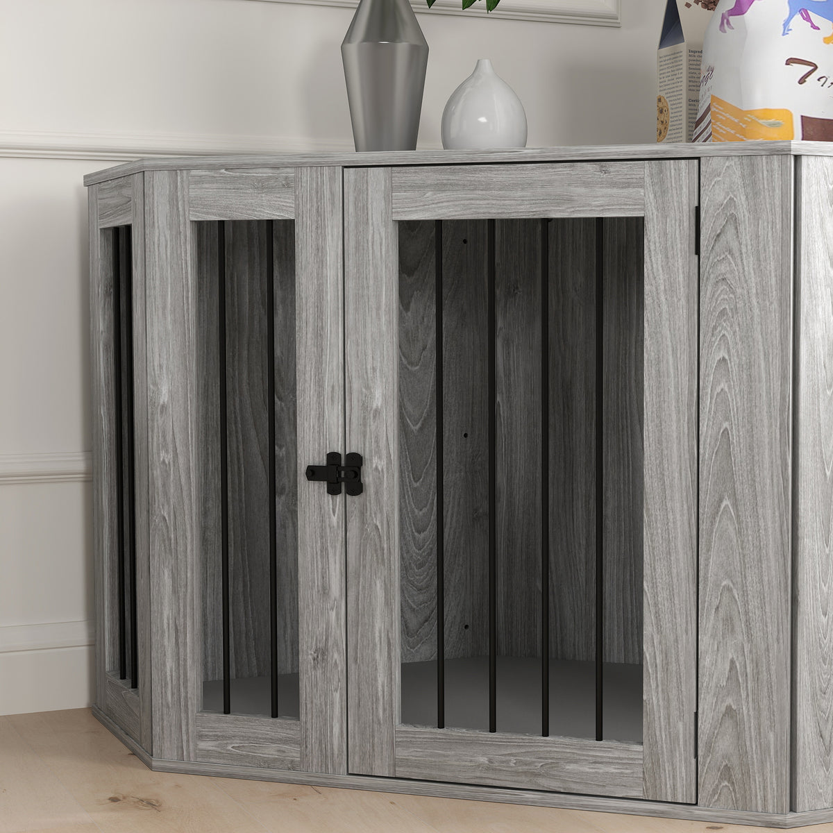 2 in 1 Medium Dog Crate Furniture Side Table with Cushion 122x61x71cm - Grey