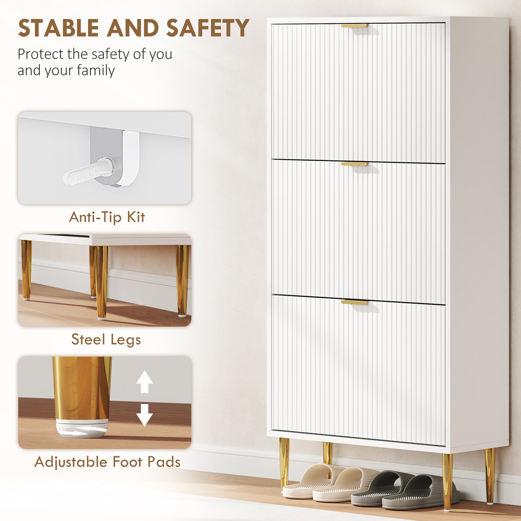 Elegant Three-Drawer Shoe Cabinet - White