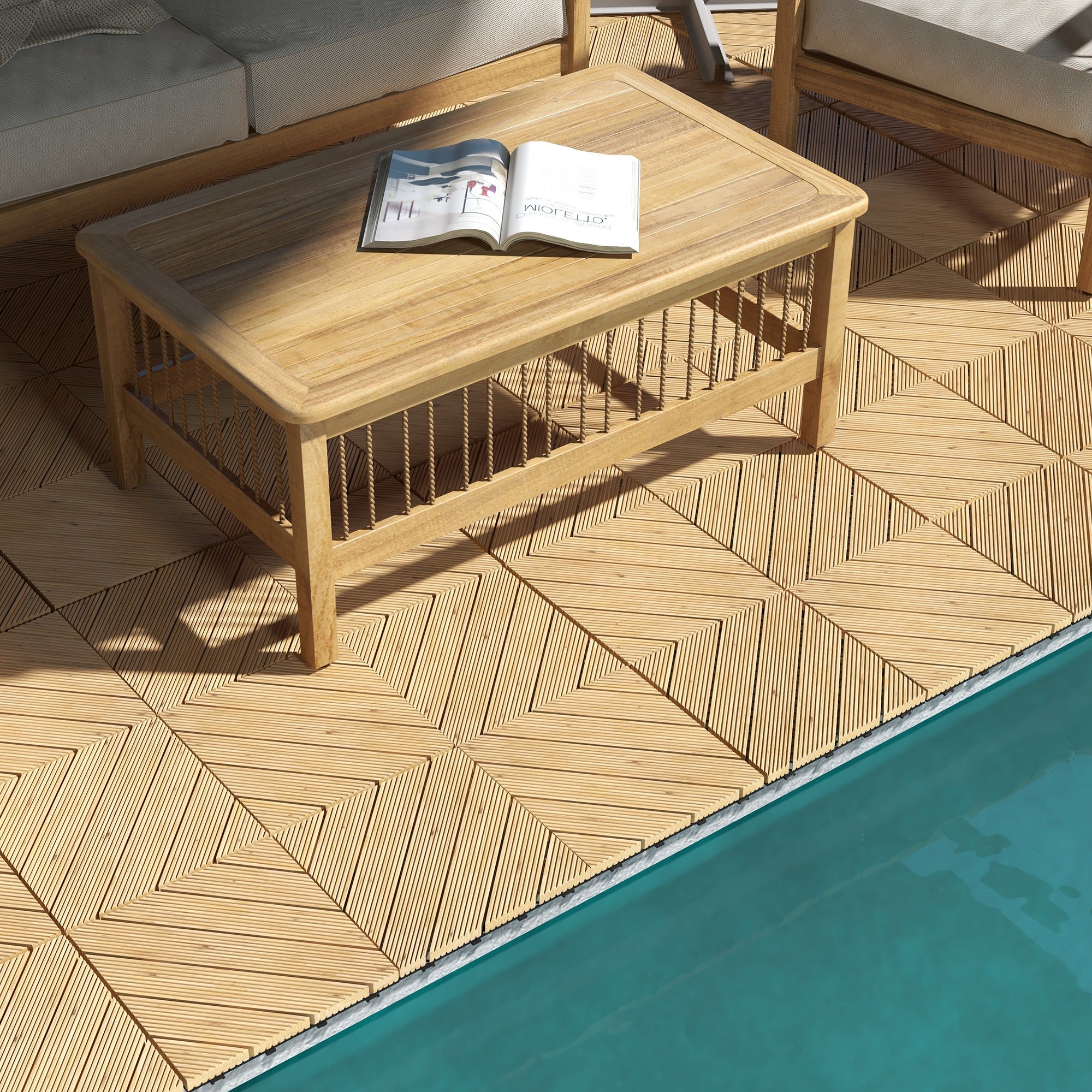 27 Pcs Wooden Interlocking Decking Tiles, 30 x 30 cm Anti-slip Outdoor Flooring Tiles, 0.81Ž¡ per Pack, All Weather Use for Patio, Balcony, Terrace, Hot Tub, Yellow