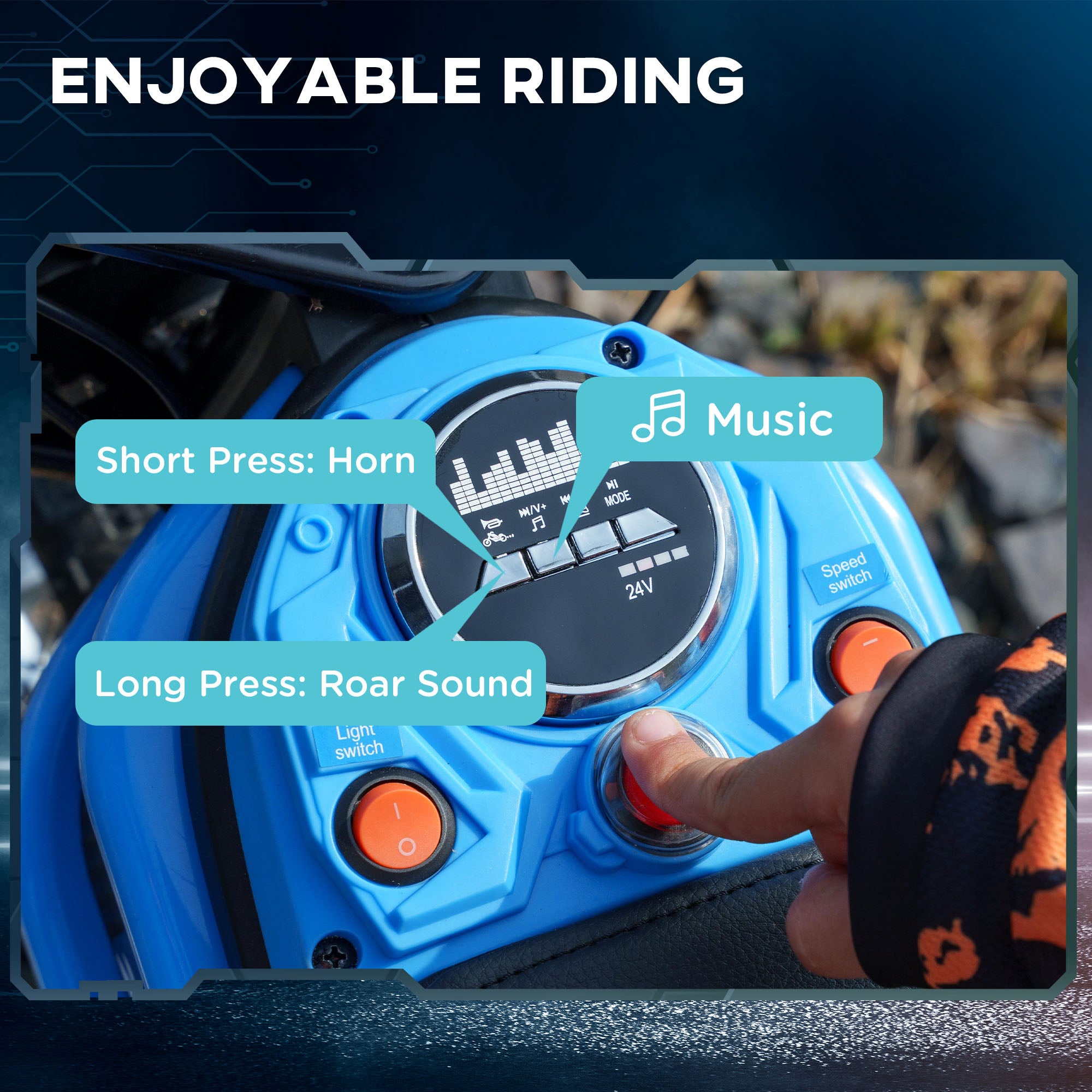 24V Electric Motorbike with Twist Grip Throttle, Music, Horn, 12" Pneumatic Tyres, 16km/h Max Speed - Blue