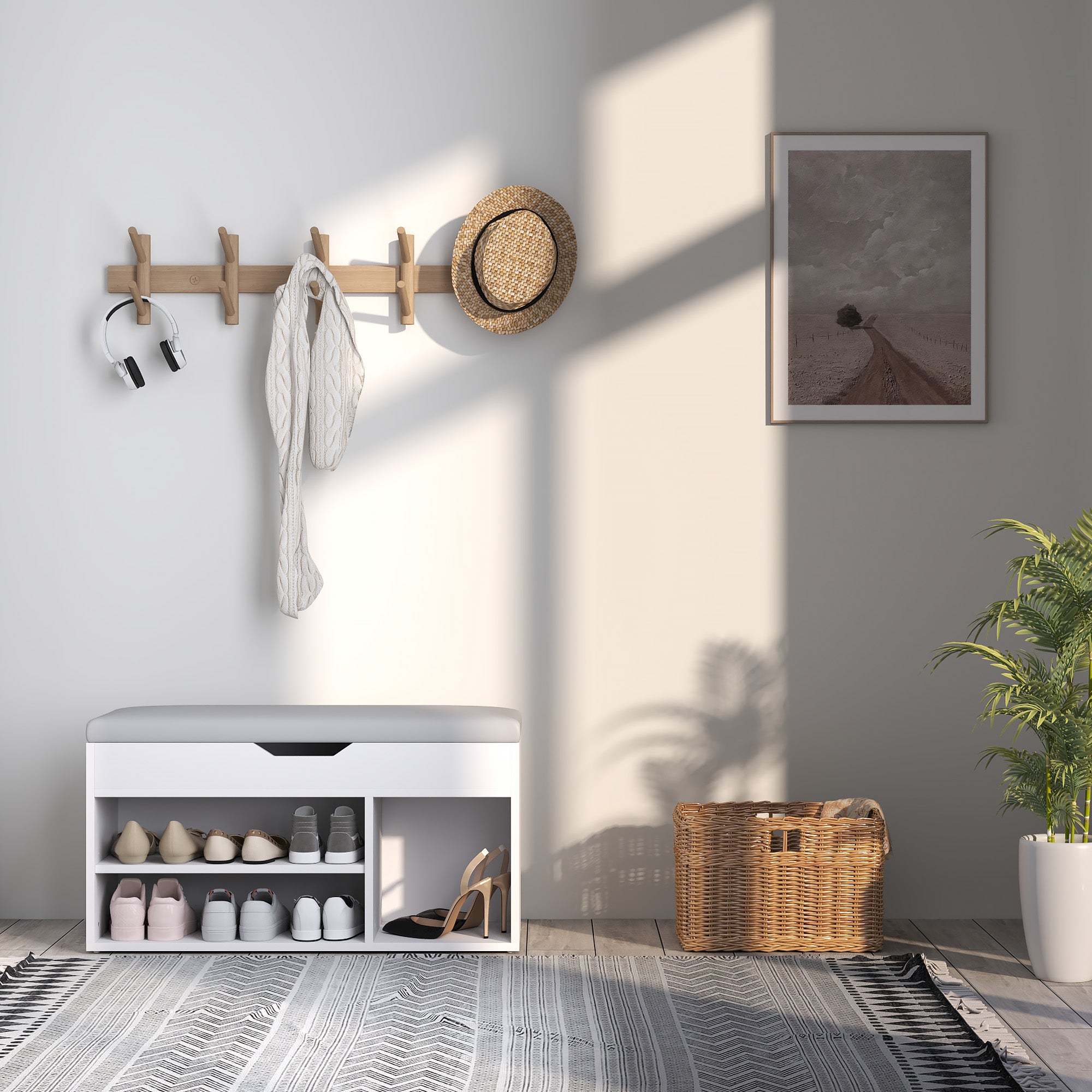 Shoe Cabinet Bench with Hidden Storage and Padded Seat Organizer - Cream White