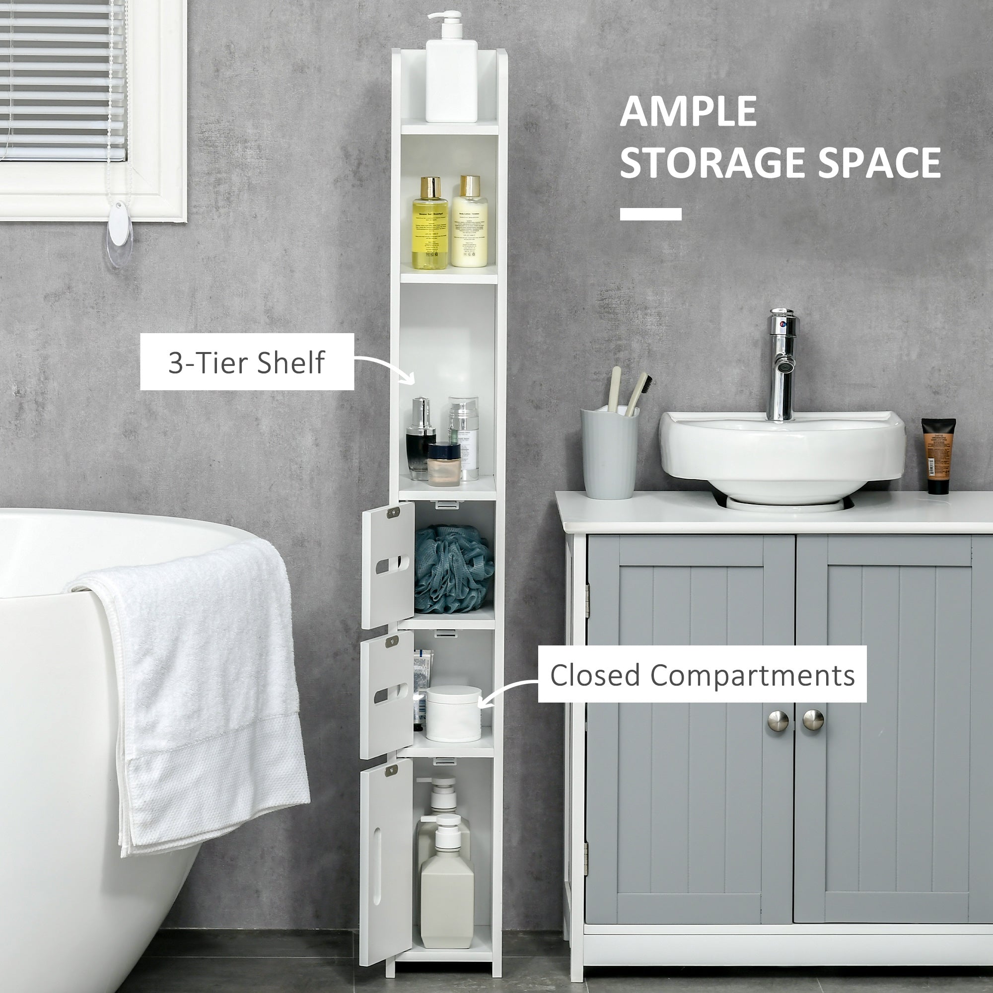 Modern Bathroom Storage Cabinet, Freestanding Tall Bathroom Cabinet with Open Shelves and 3 Cupboards with Door, for Bedroom Hallway, White