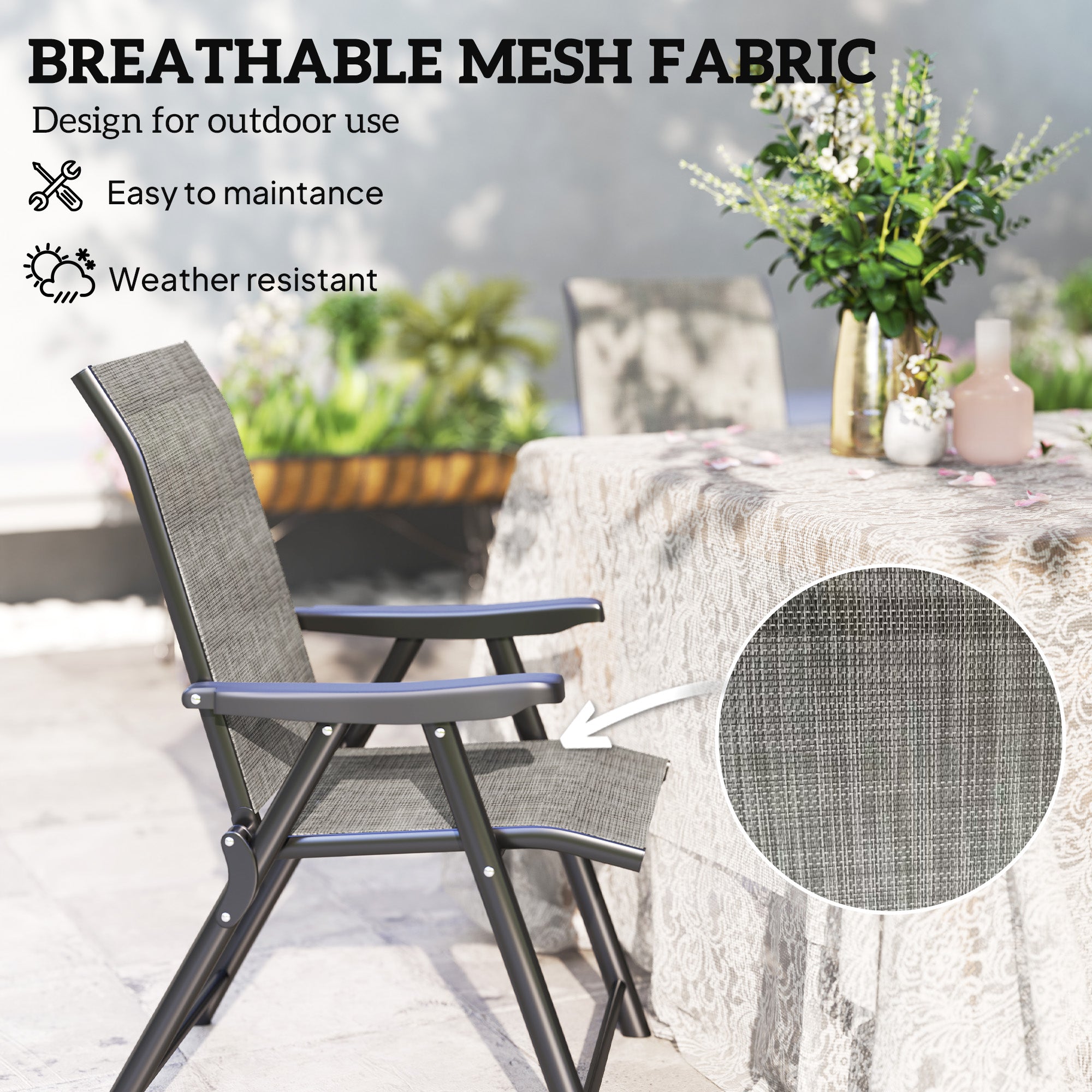 Set of 4 Folding Outdoor Chairs with Breathable Mesh Seats - Black Grey