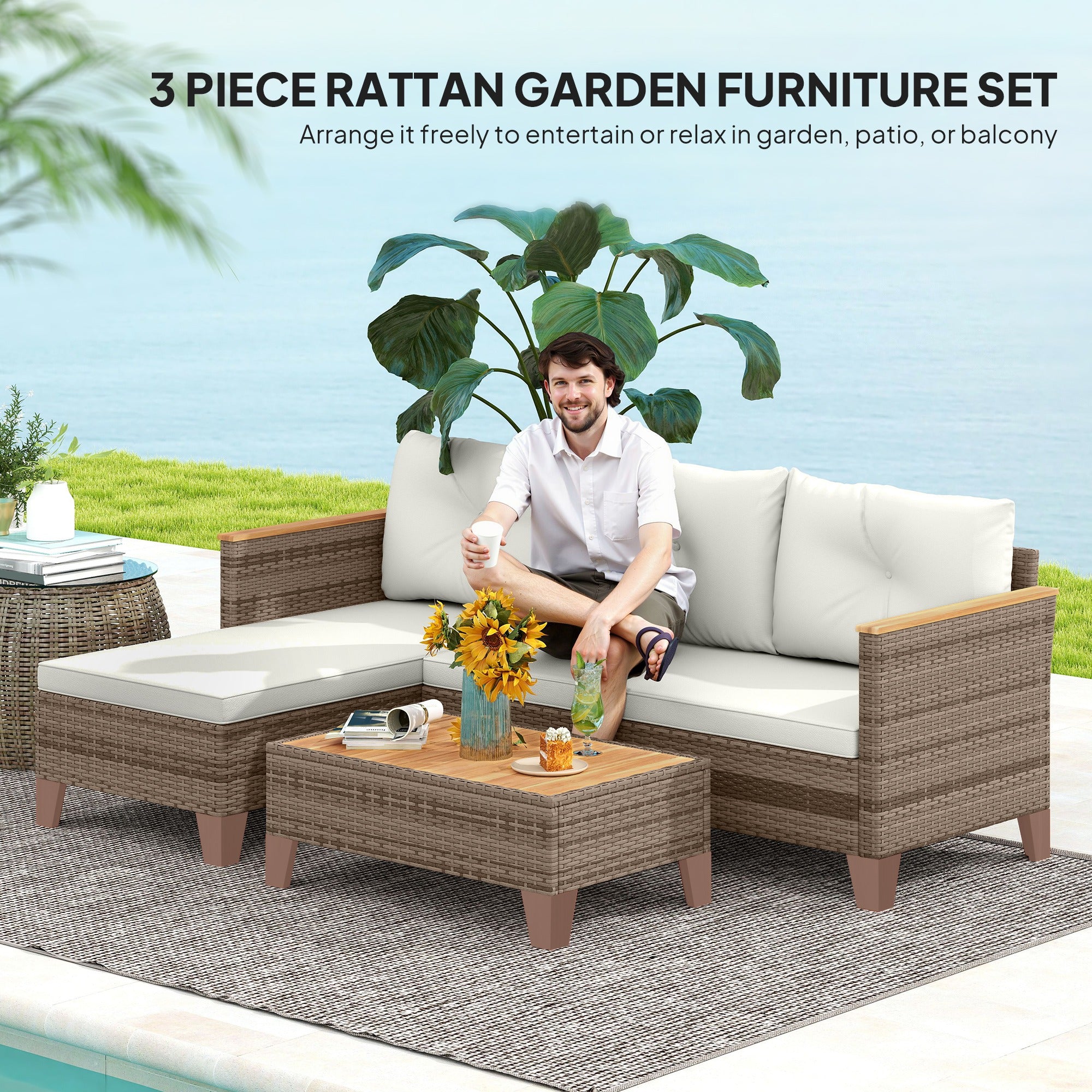 3 Pieces Rattan Garden Furniture Set, L Shaped Garden Conversation Chaise Lounge Furniture with Wood Top Coffee Table and Thick Cushions, Cream