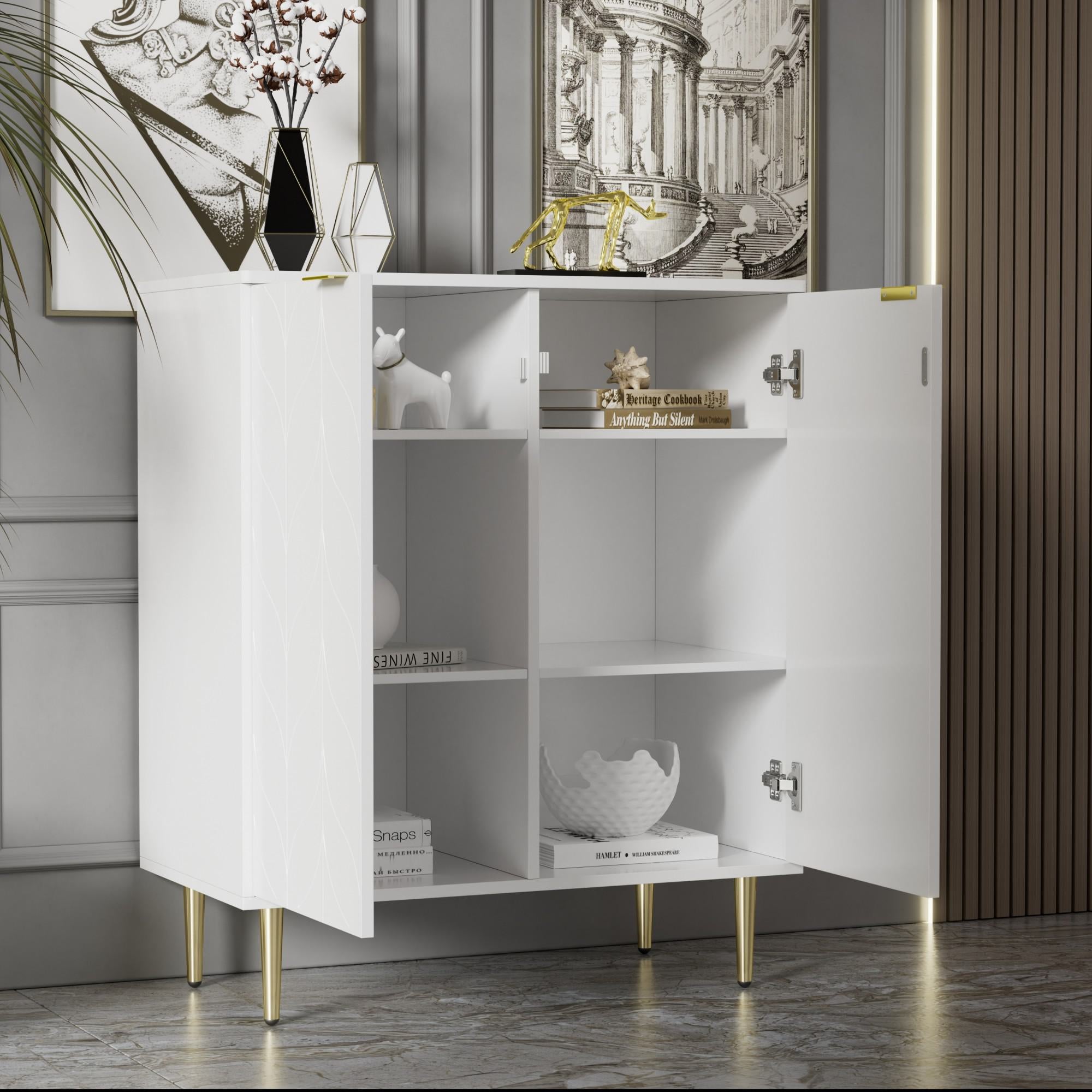 Lacquered Sideboard with 2 Doors and 6 Compartments, Gold-Plated Feet and Handles, 3 Shelves, 75L x 40W x 90H cm, White