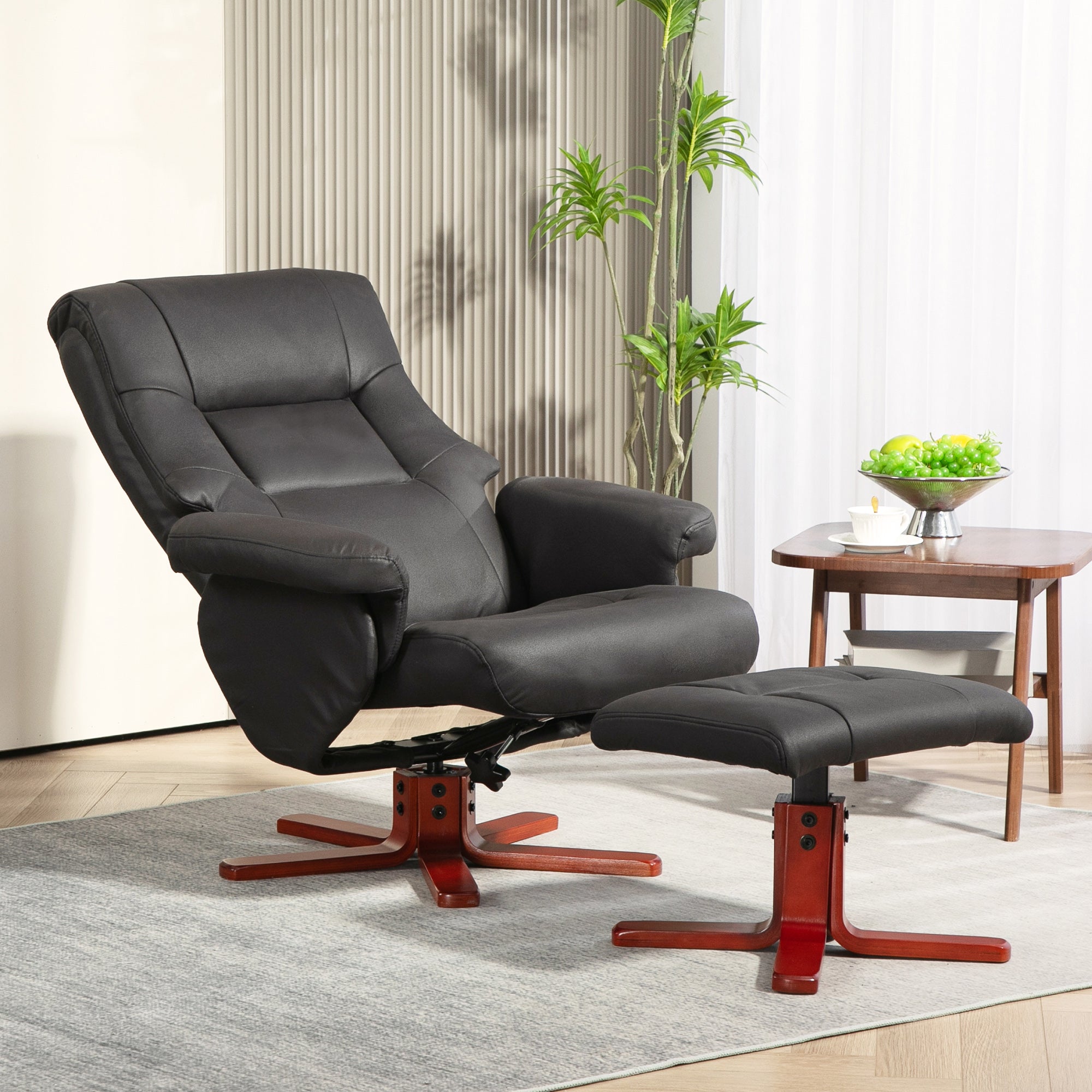 Faux Microfibre Leather Manual Recliner and Footstool Set - Black