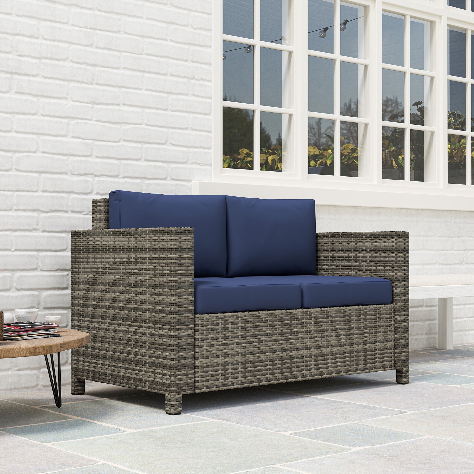 2 Seater Rattan Garden Sofa with Padded Cushions and Armrests Navy Blue