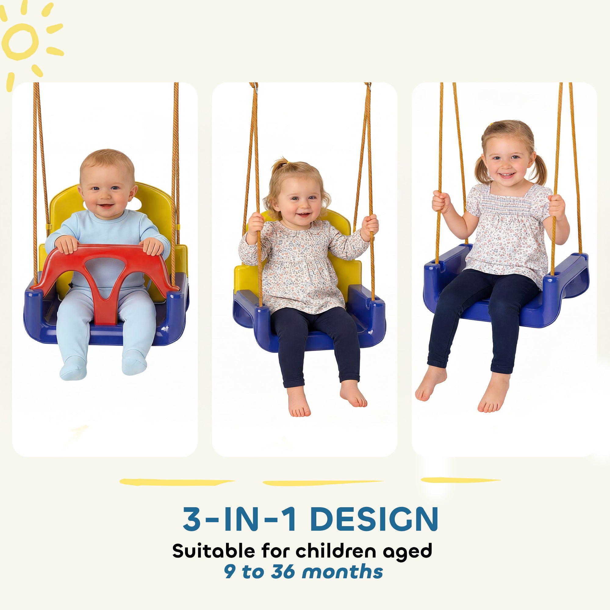 3 in 1 Detachable Kids Swing Seat with Seatbelt, Adjustable Rope for Indoor, Outdoor, Dark Blue