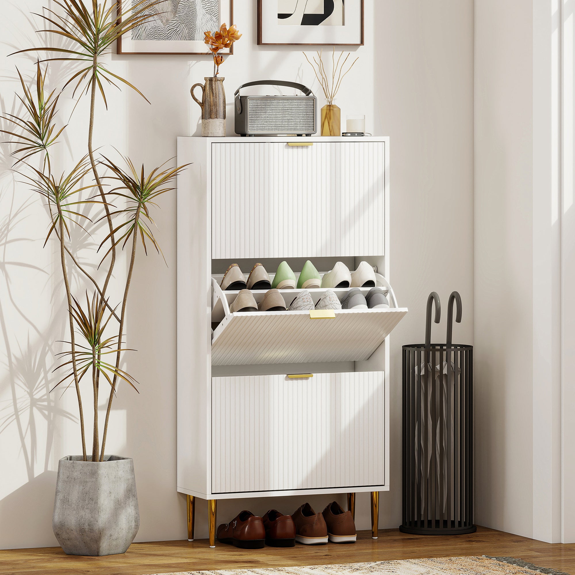 Elegant Three-Drawer Shoe Cabinet - White