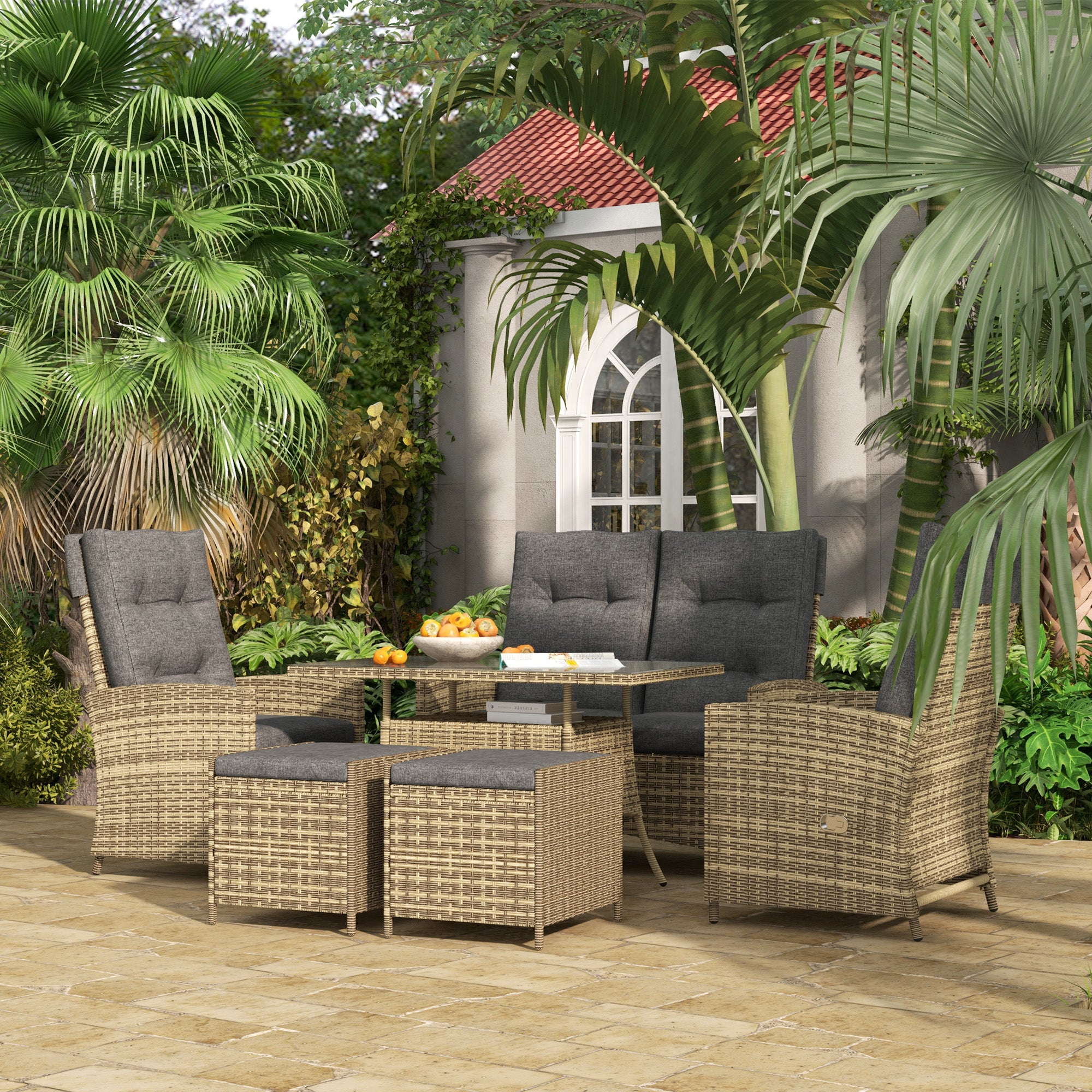 Six-Piece Rattan Garden Set, with Reclining Chairs - Grey