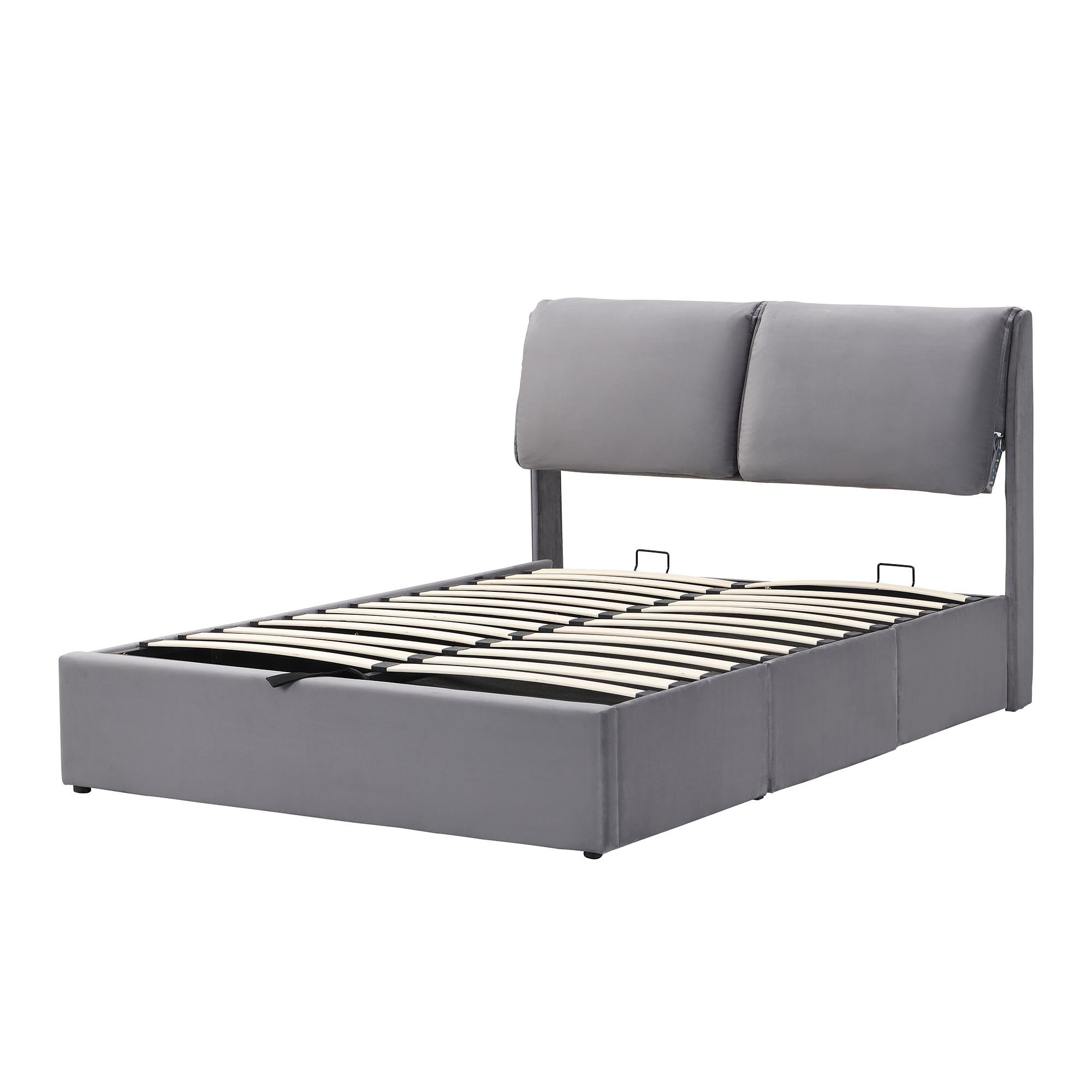 Upholstered Double Bed with Hydraulic Storage and Drawers - Grey Velvet