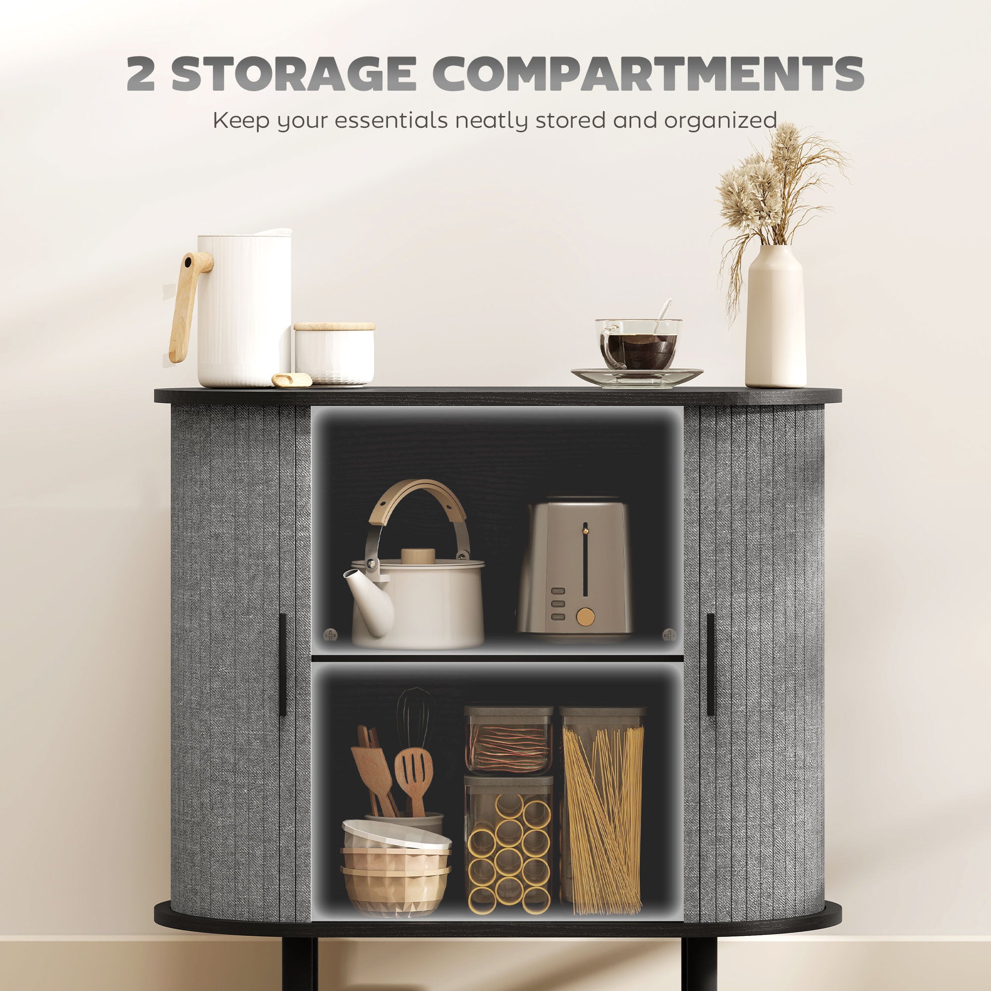 Tambour Sideboard with Fluted Sliding Doors, Modern Kitchen Cupboard with Storage Shelves and Wooden Legs, Grey
