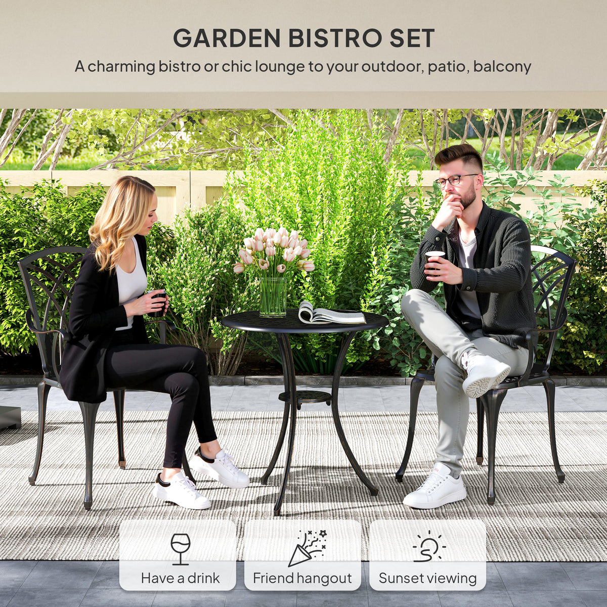 3-Piece Cast Aluminium Garden Dining Set for 2 with Parasol Hole - Bronze Tone