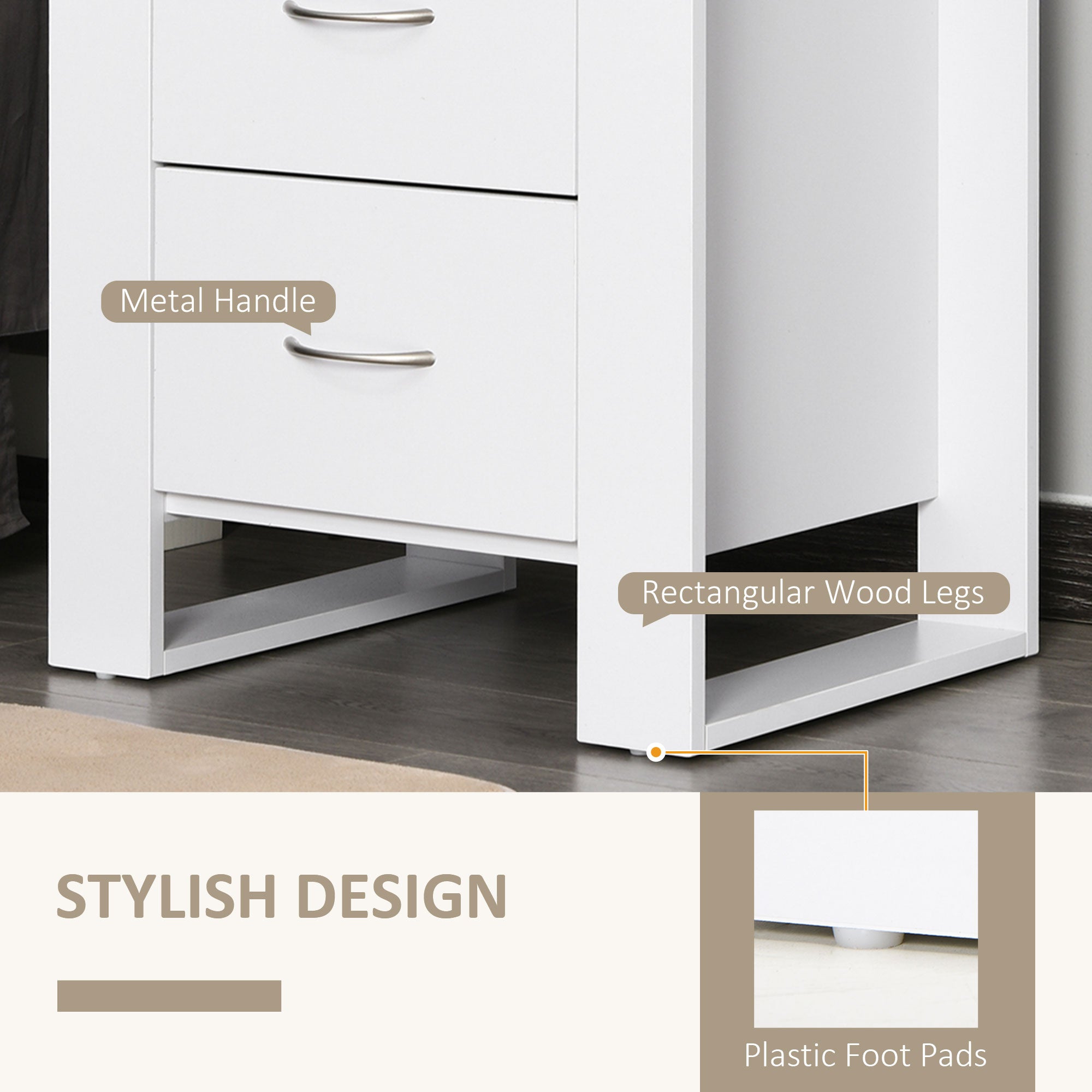 Bedside Table Set of 2 with 2 Drawers, Nightstands with Handles and Elevated Base, Side Tables for Bedroom, Living Room, White
