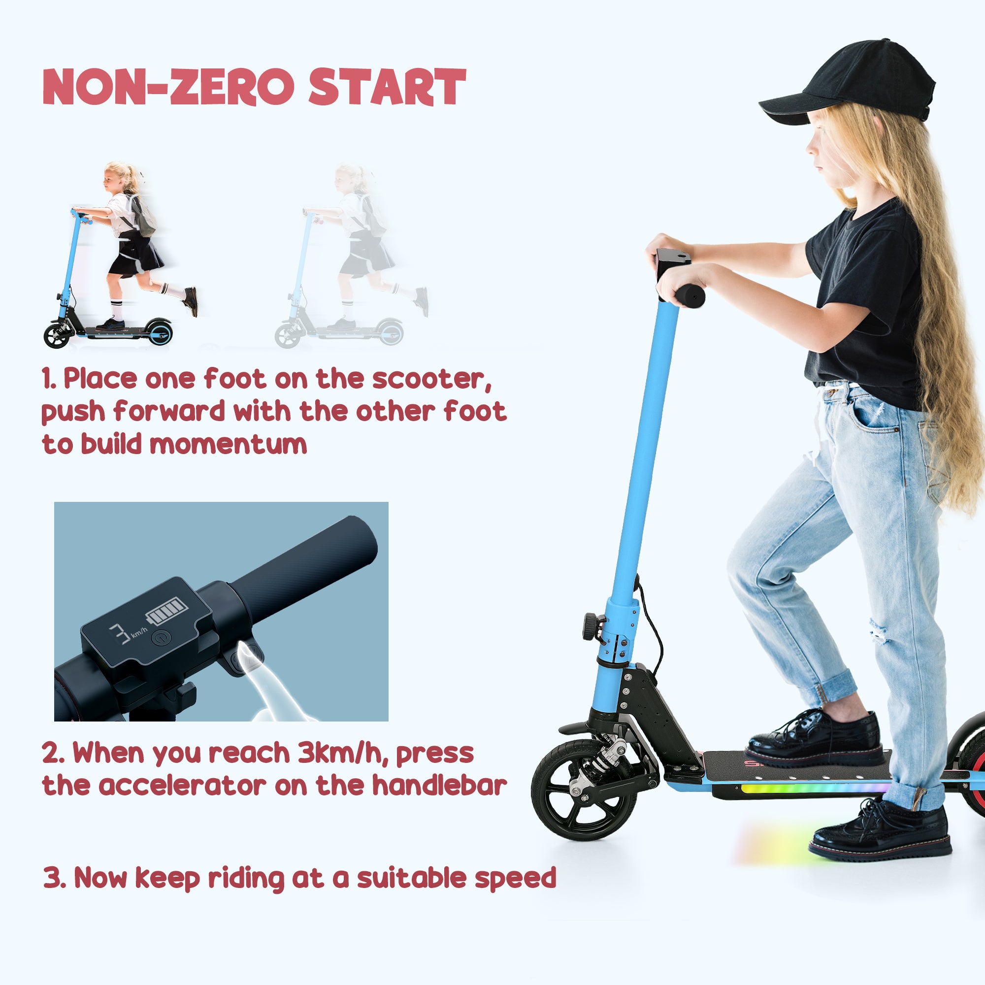 Folding Electric Scooter for Kids 6-14 with Dual Brakes, Front Suspension & LED Lights - Blue