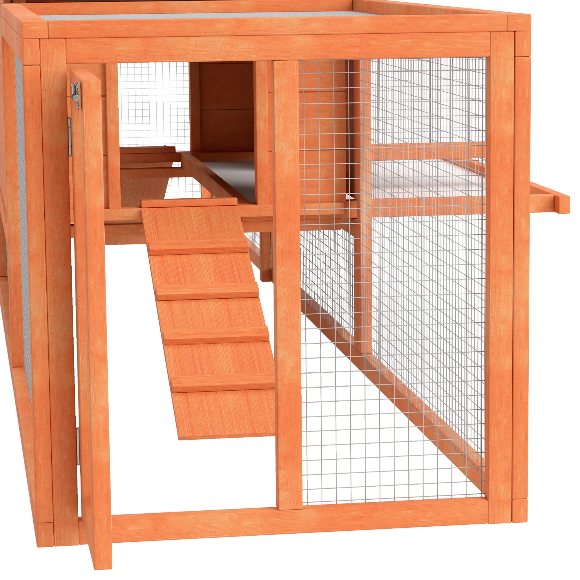 Wooden Rabbit Hutch with Run, Tray, Ramps, Asphalt Roof, 309 x 70 x 87cm, Orange