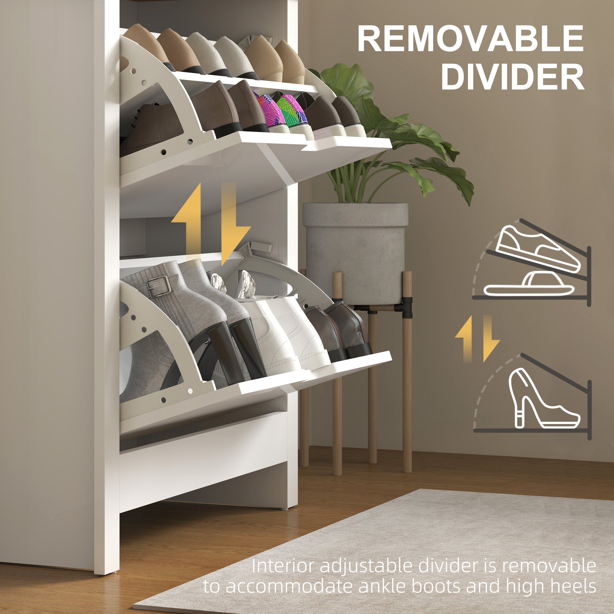 Slim Shoe Cabinet, Narrow Shoe Cupboard with 2 Flip Drawers, Adjustable Shelves for 12 Pairs of Shoes, High Gloss White