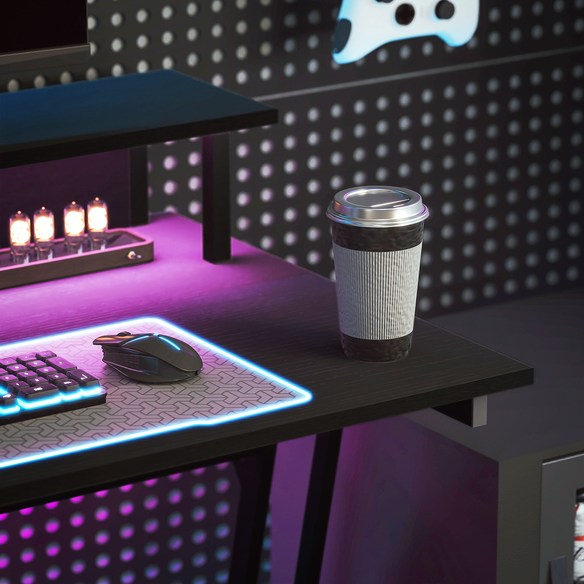 Gaming Desk with LED Lights and Power Outlets, 100 x 60cm Z Shaped Computer Desk with Monitor Stand and Steel Frame, PC Gaming Table for Home Office, Black