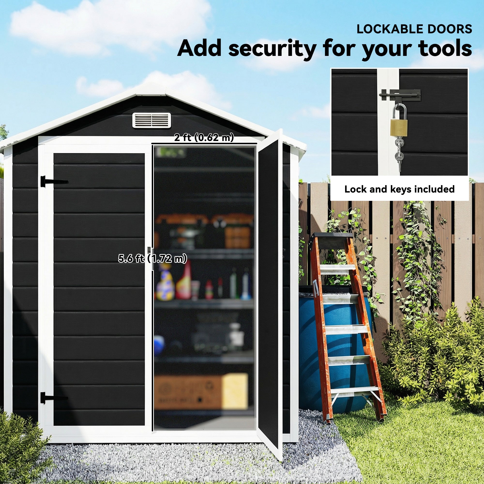 6'x4.5' Garden Storage Shed, Lockable Garden Shed with Double Doors, Window, Vent and Plastic Roof, Black