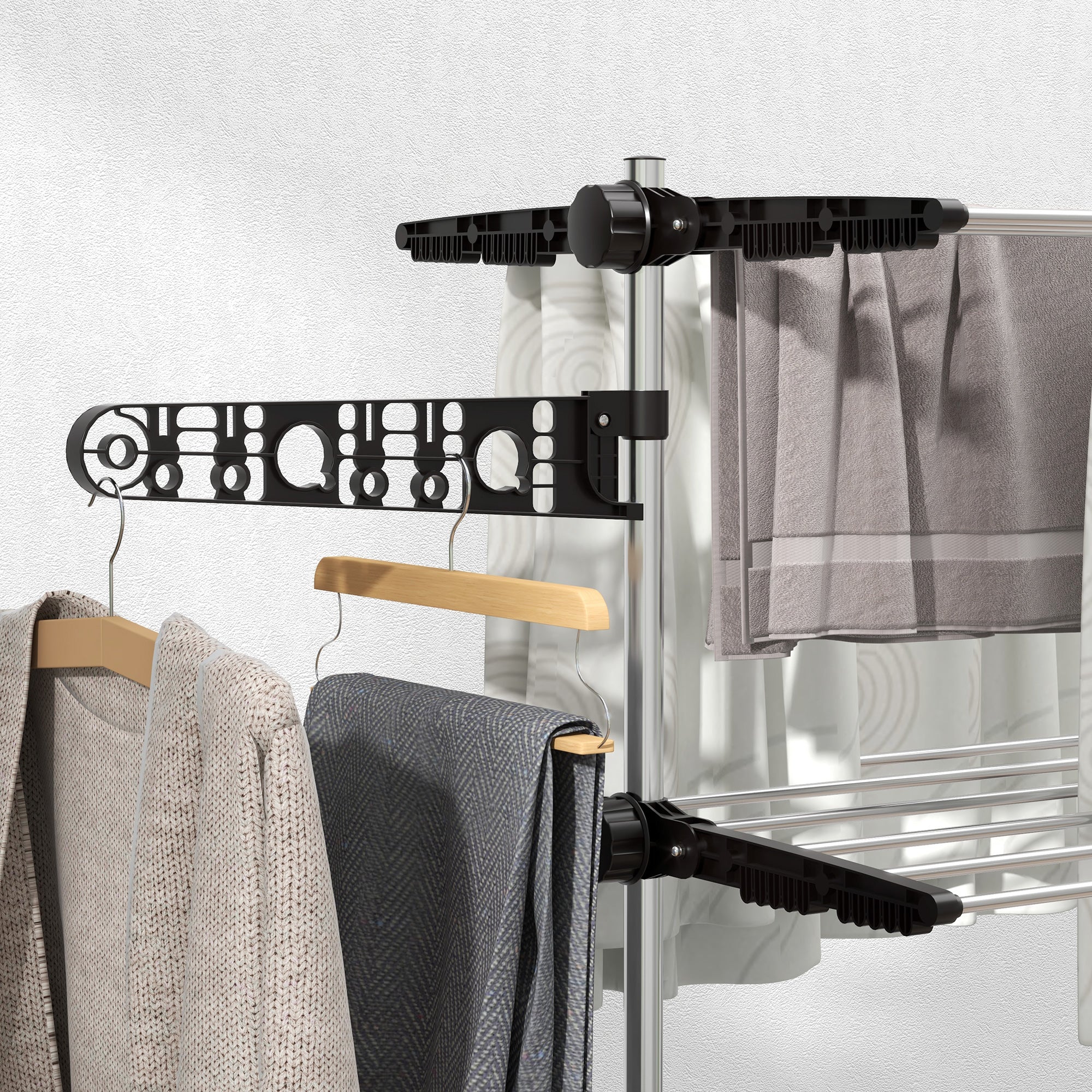 Four-Shelf Collapsible Clothes Horse with Side Arms and Wheels - Black
